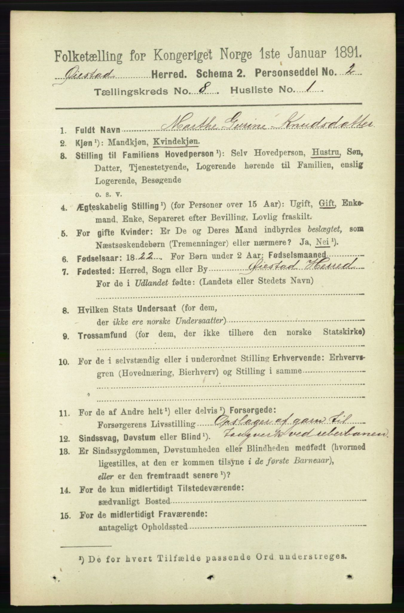 RA, 1891 census for 0920 Øyestad, 1891, p. 3188