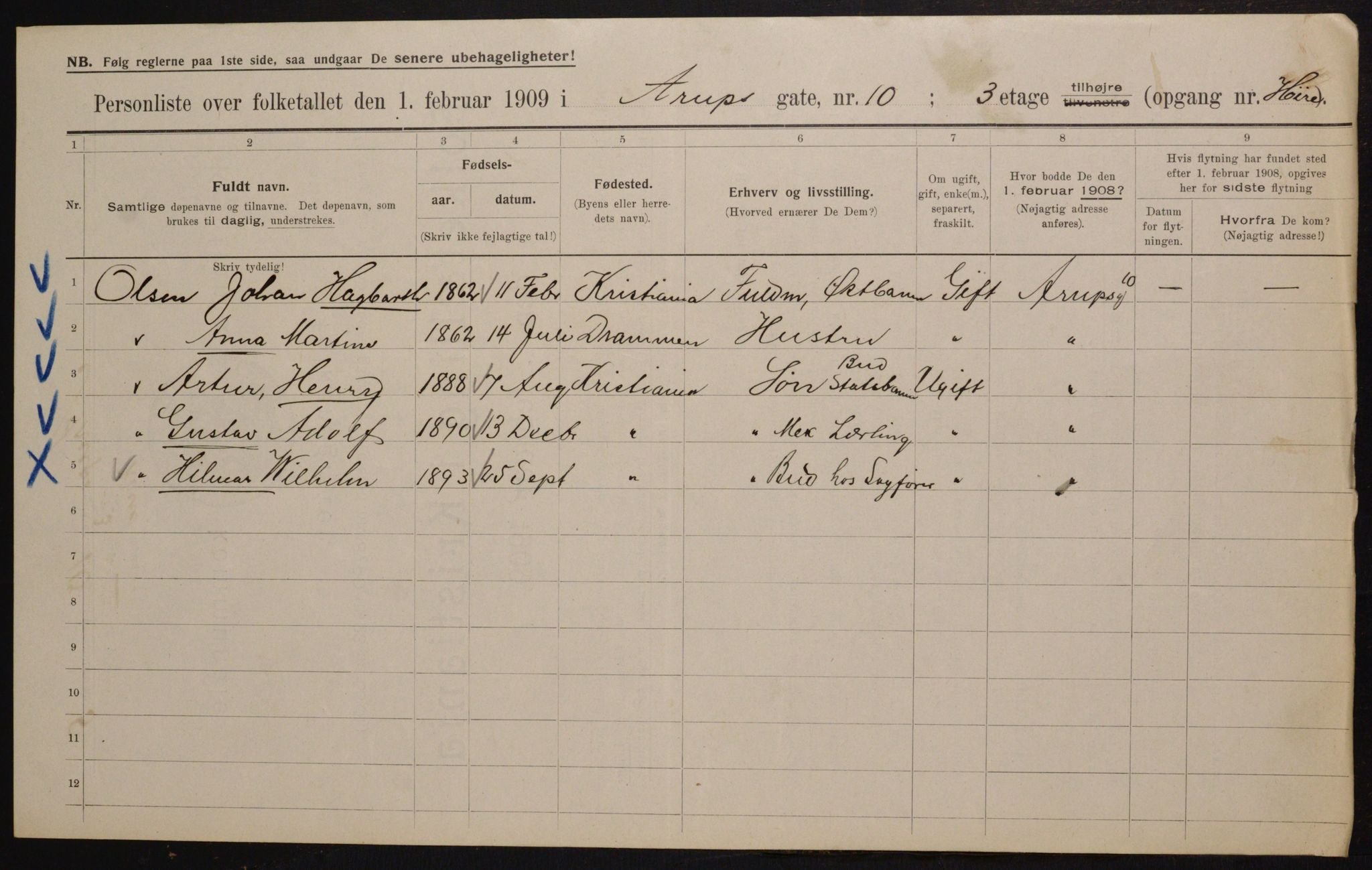 OBA, Municipal Census 1909 for Kristiania, 1909, p. 2109