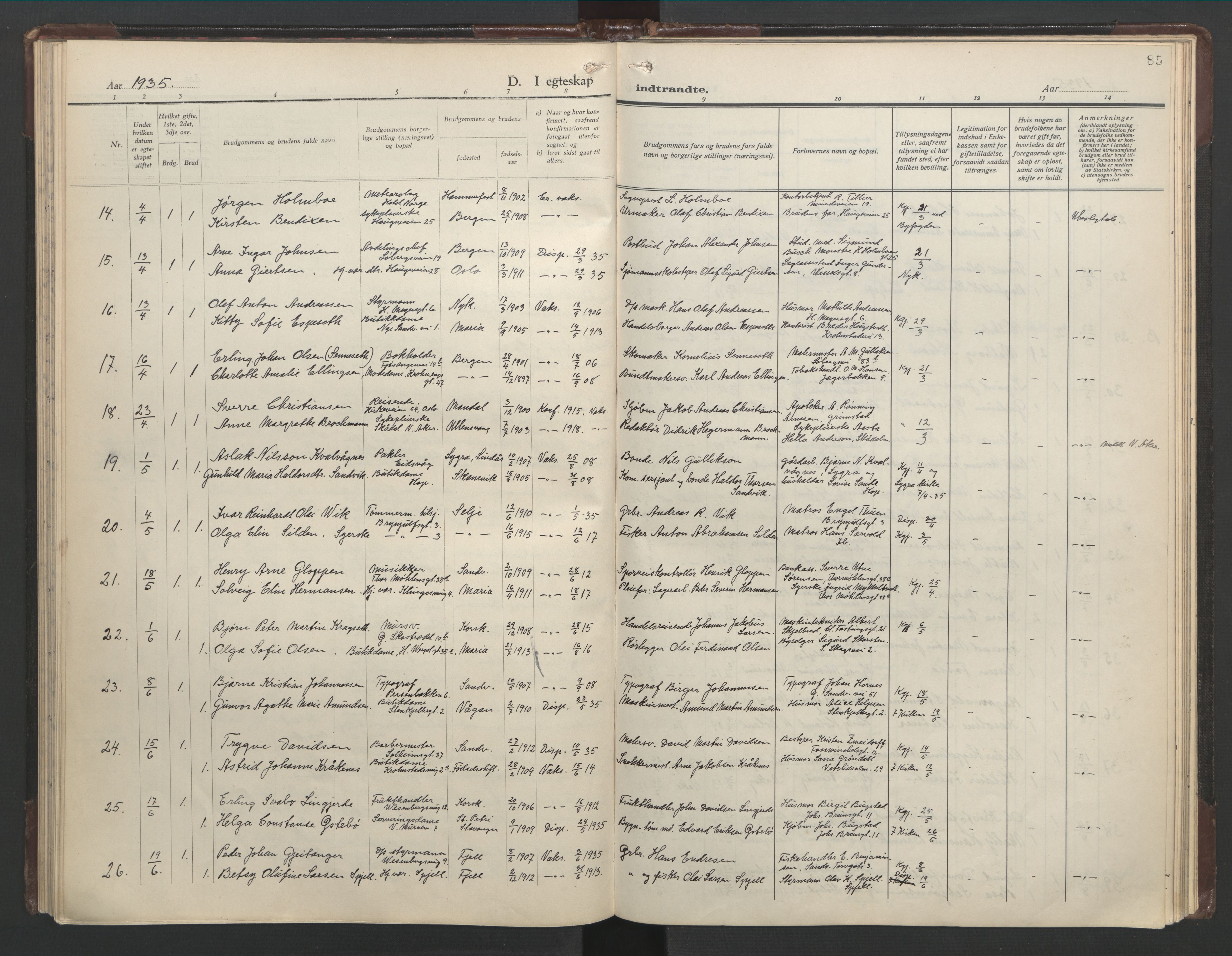 Mariakirken Sokneprestembete, AV/SAB-A-76901/H/Hab/L0011: Parish register (copy) no. A 11, 1938-1955, p. 84b-85a