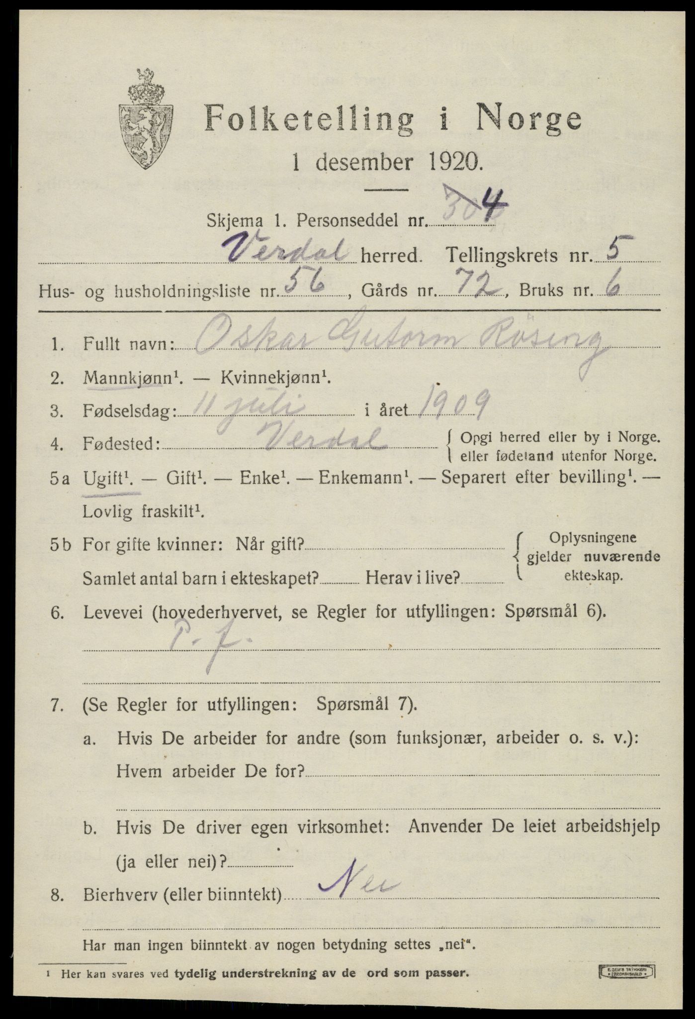 SAT, 1920 census for Verdal, 1920, p. 9175