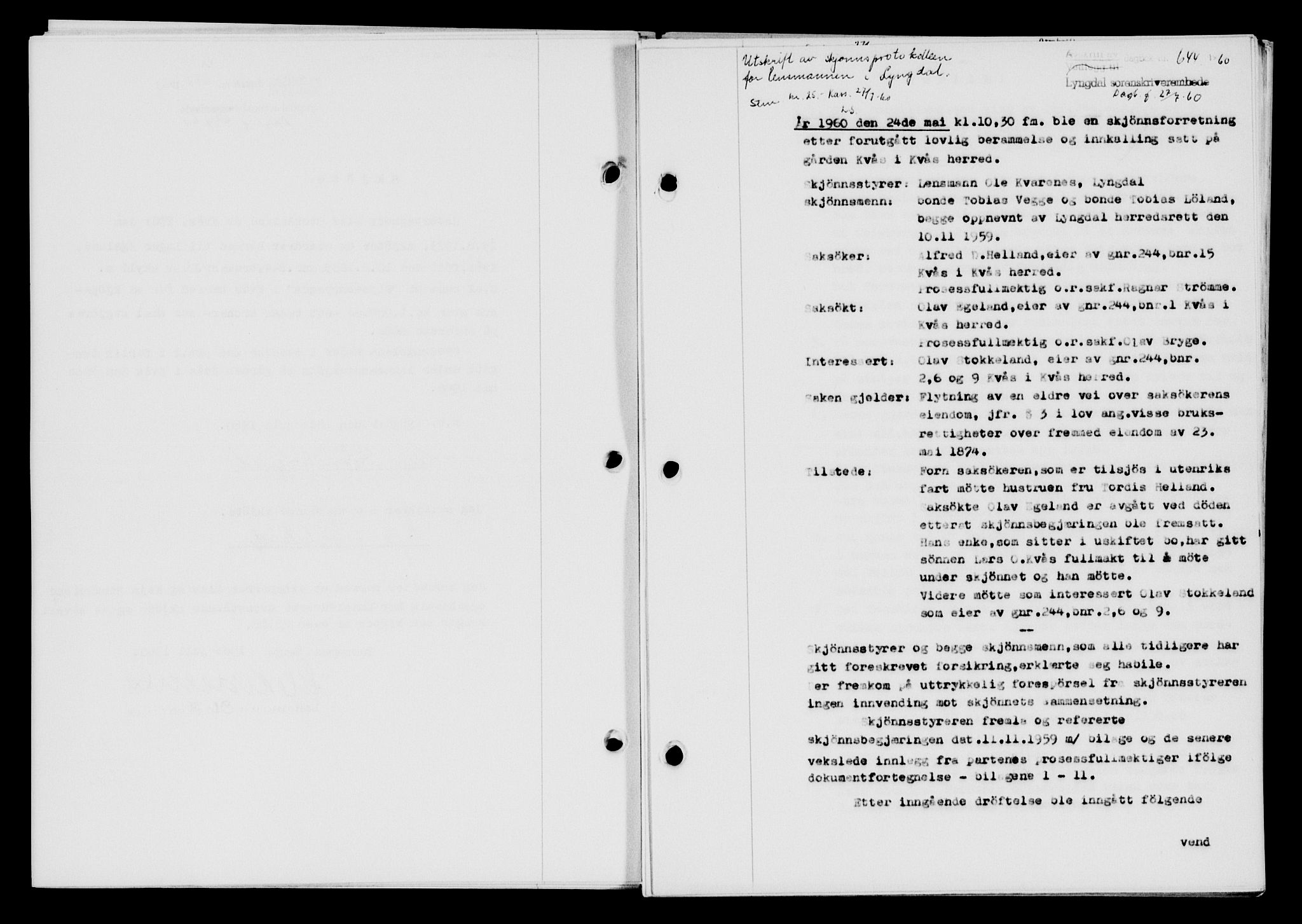 Lyngdal sorenskriveri, AV/SAK-1221-0004/G/Gb/L0680: Mortgage book no. A XXVI, 1960-1960, Diary no: : 644/1960