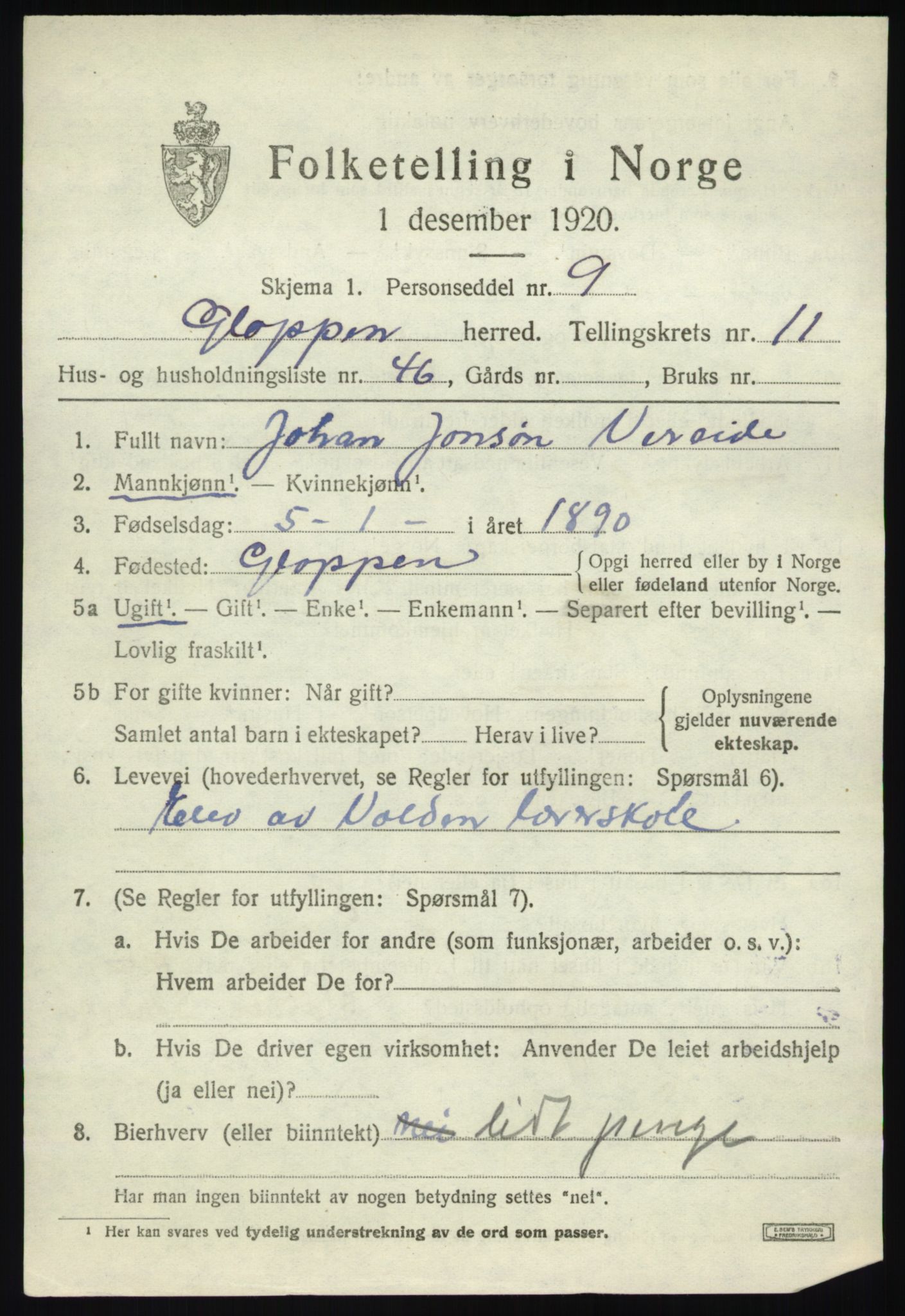 SAB, 1920 census for Gloppen, 1920, p. 6066