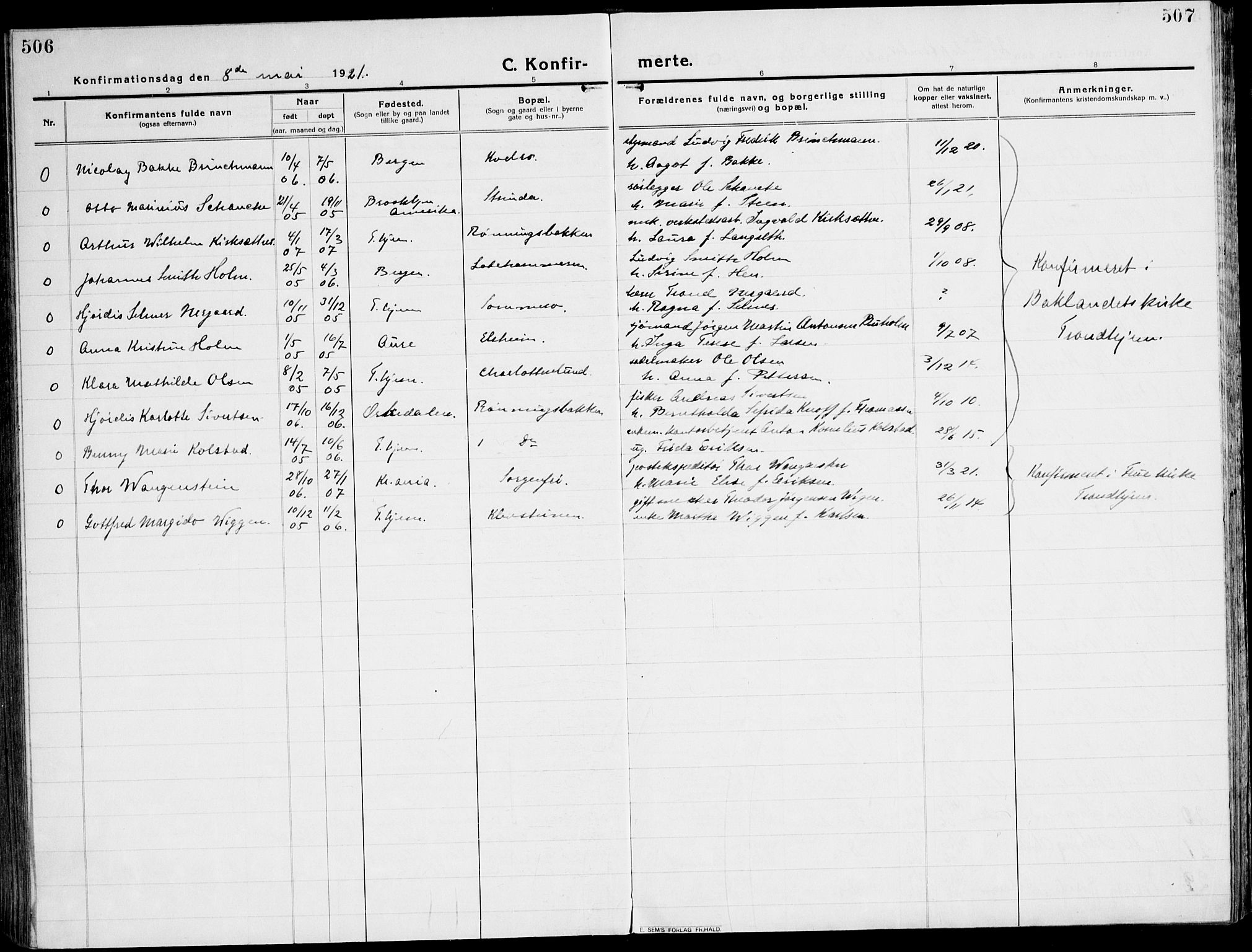 Ministerialprotokoller, klokkerbøker og fødselsregistre - Sør-Trøndelag, SAT/A-1456/607/L0321: Parish register (official) no. 607A05, 1916-1935, p. 506-507