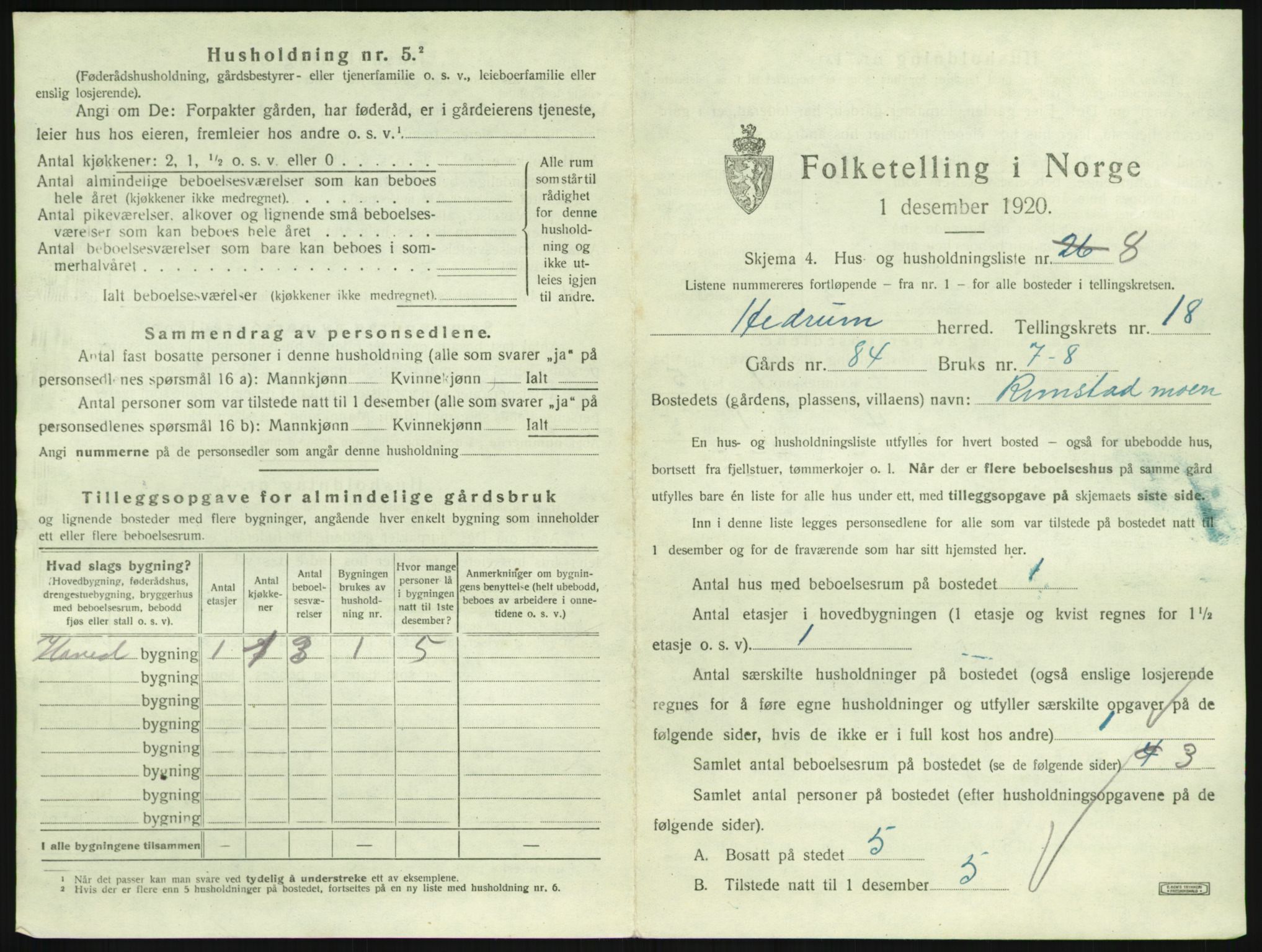 SAKO, 1920 census for Hedrum, 1920, p. 1579