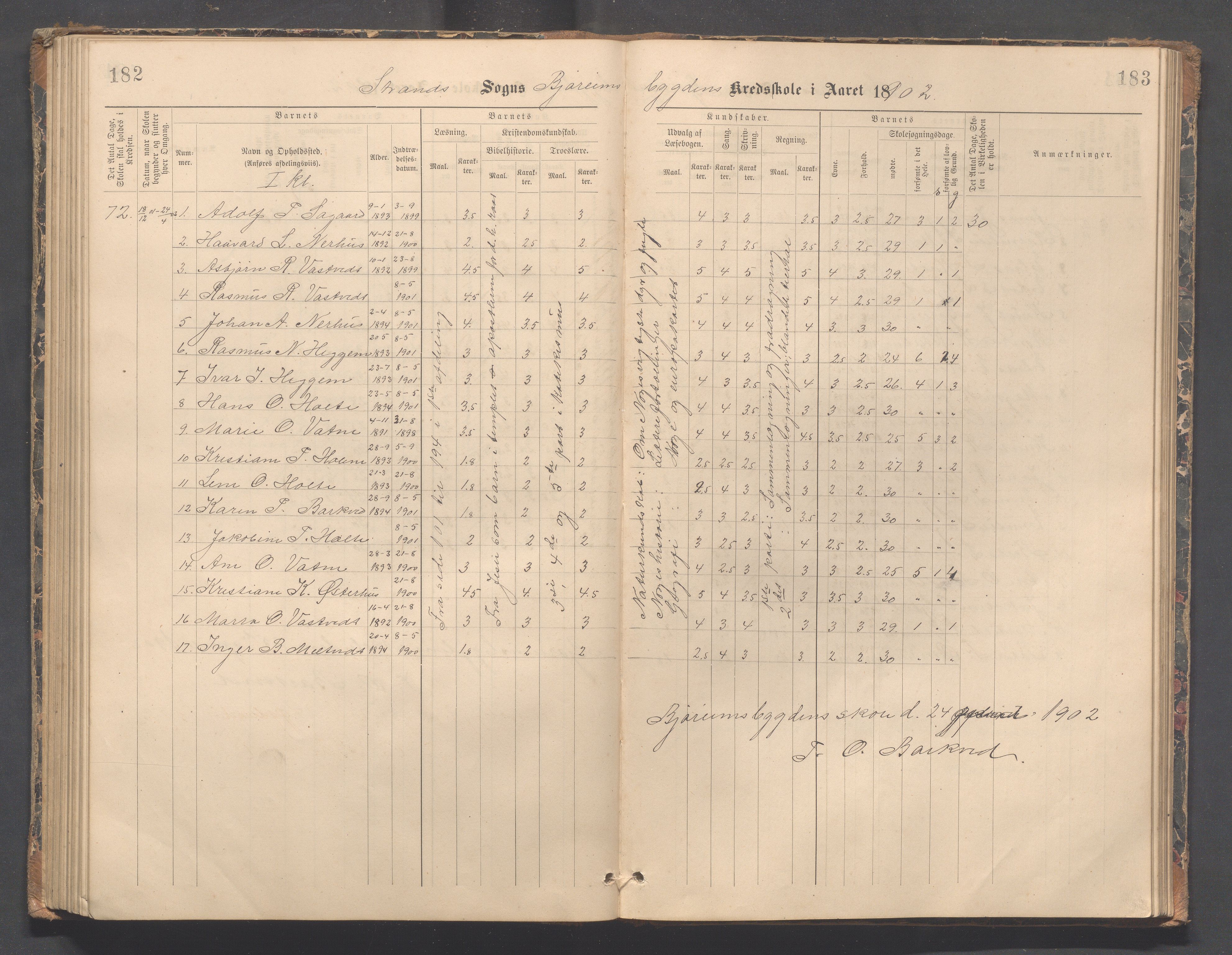 Strand kommune - Bjørheimsbygd skole, IKAR/A-147/H/L0002: Skoleprotokoll for Bjørheimsbygd og Lekvam krets, 1891-1907, p. 182-183
