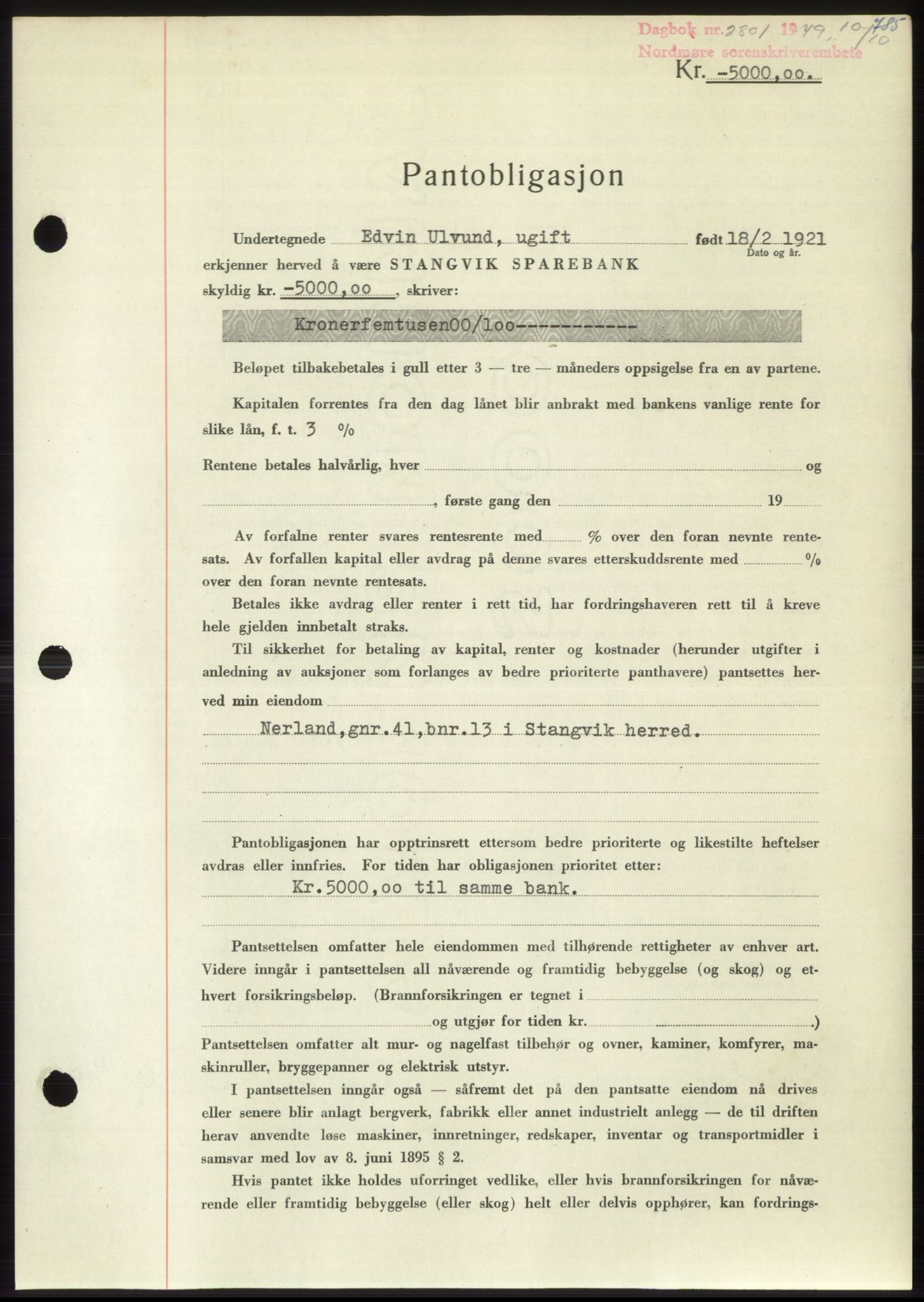 Nordmøre sorenskriveri, AV/SAT-A-4132/1/2/2Ca: Mortgage book no. B102, 1949-1949, Diary no: : 2801/1949