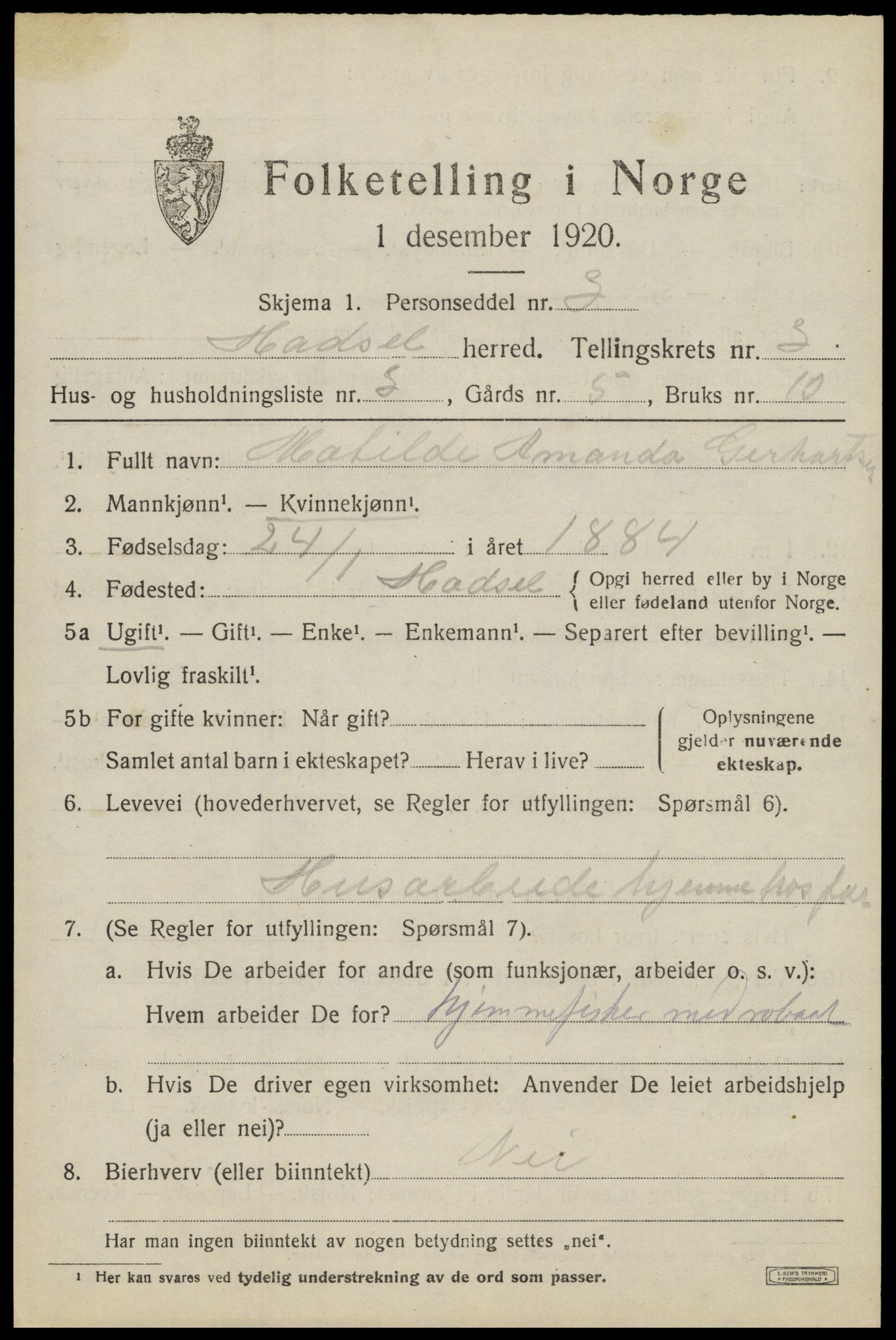 SAT, 1920 census for Hadsel, 1920, p. 5084