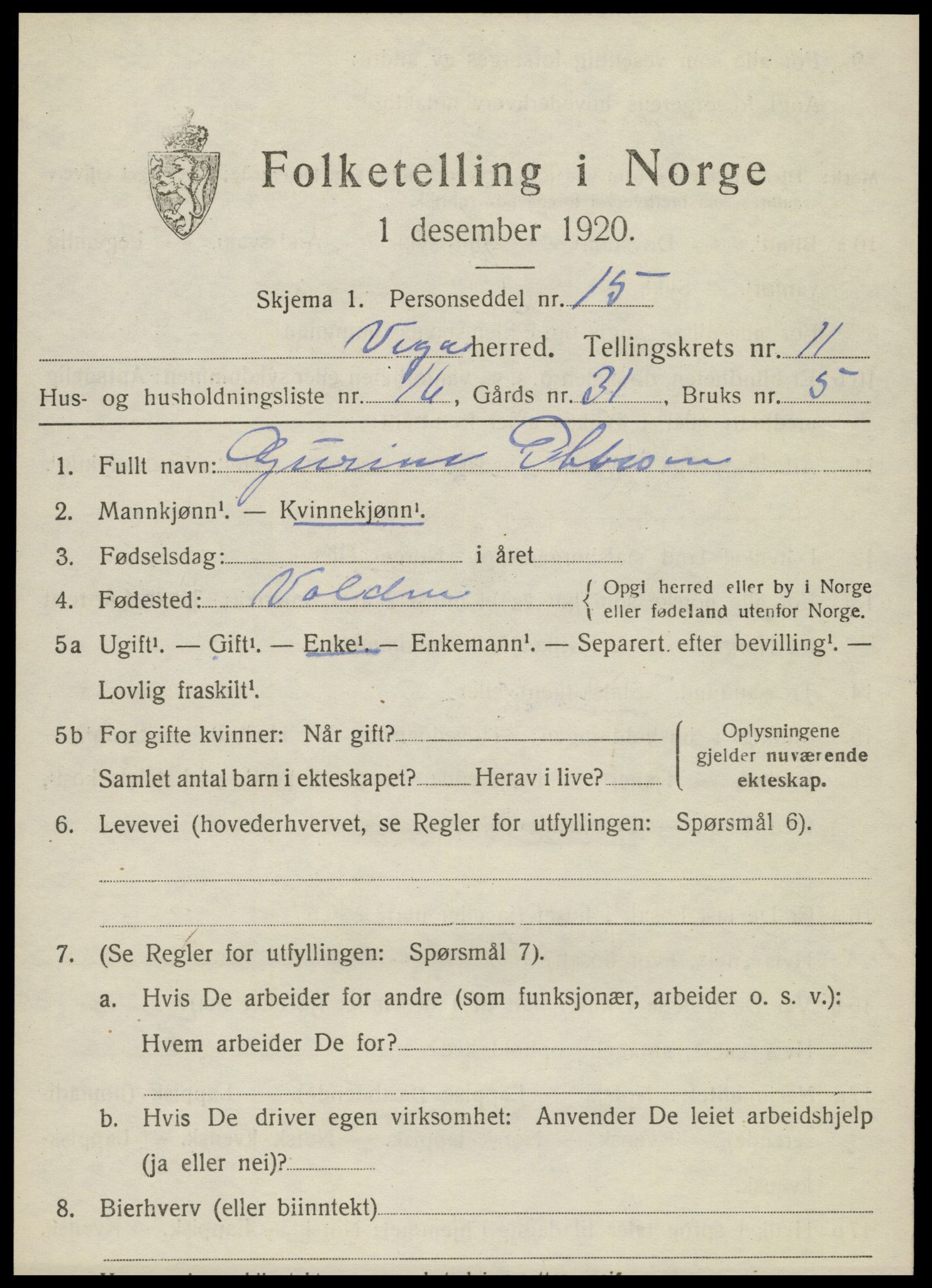 SAT, 1920 census for Vega, 1920, p. 5723