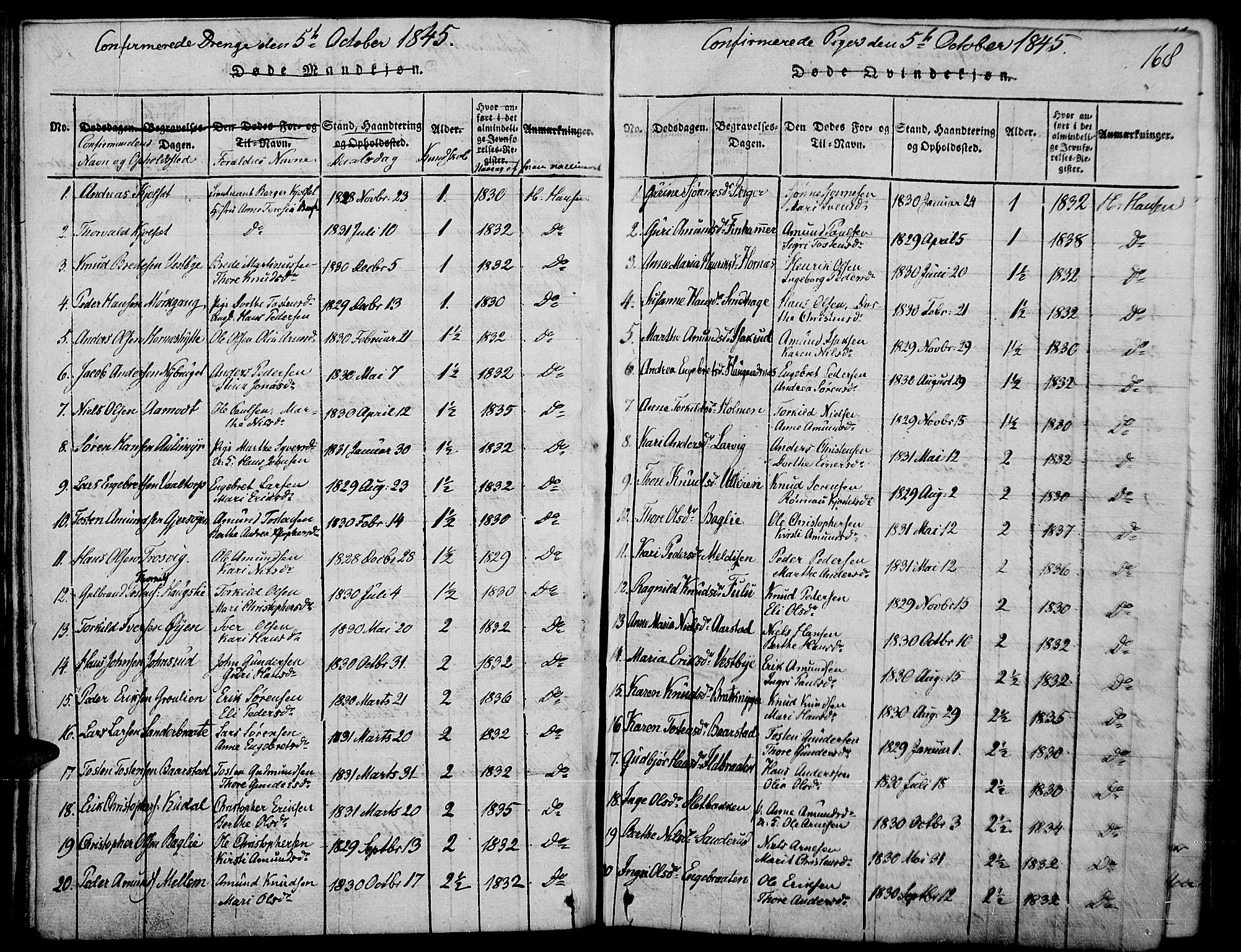 Strøm-Odalen prestekontor, AV/SAH-PREST-028/H/Ha/Haa/L0006: Parish register (official) no. 6, 1814-1850, p. 168