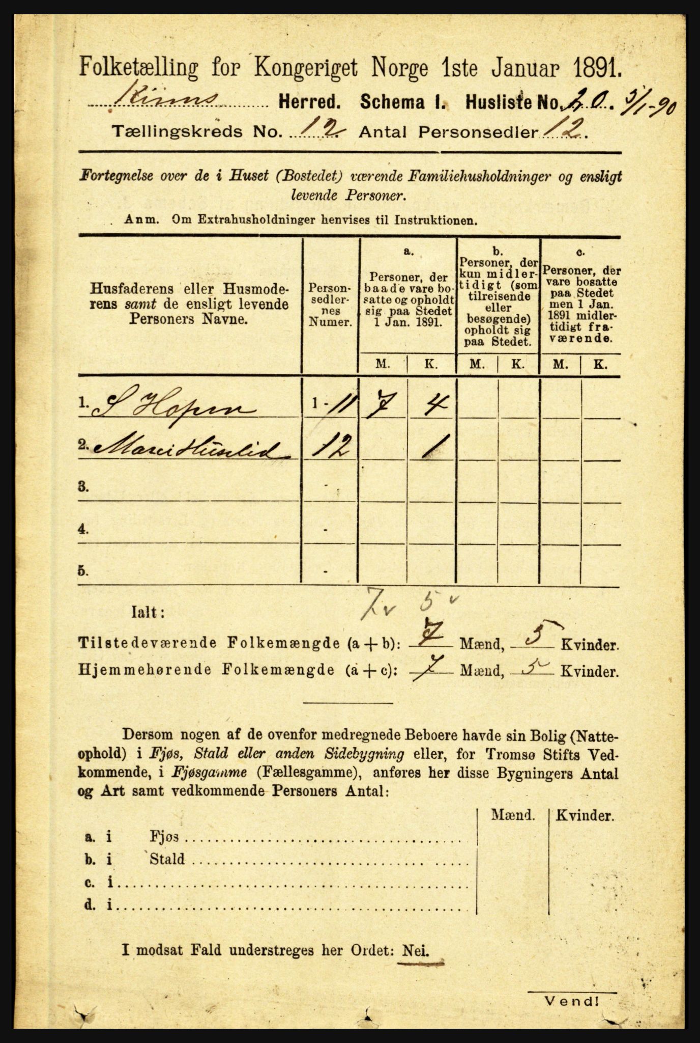 RA, 1891 census for 1437 Kinn, 1891, p. 4450