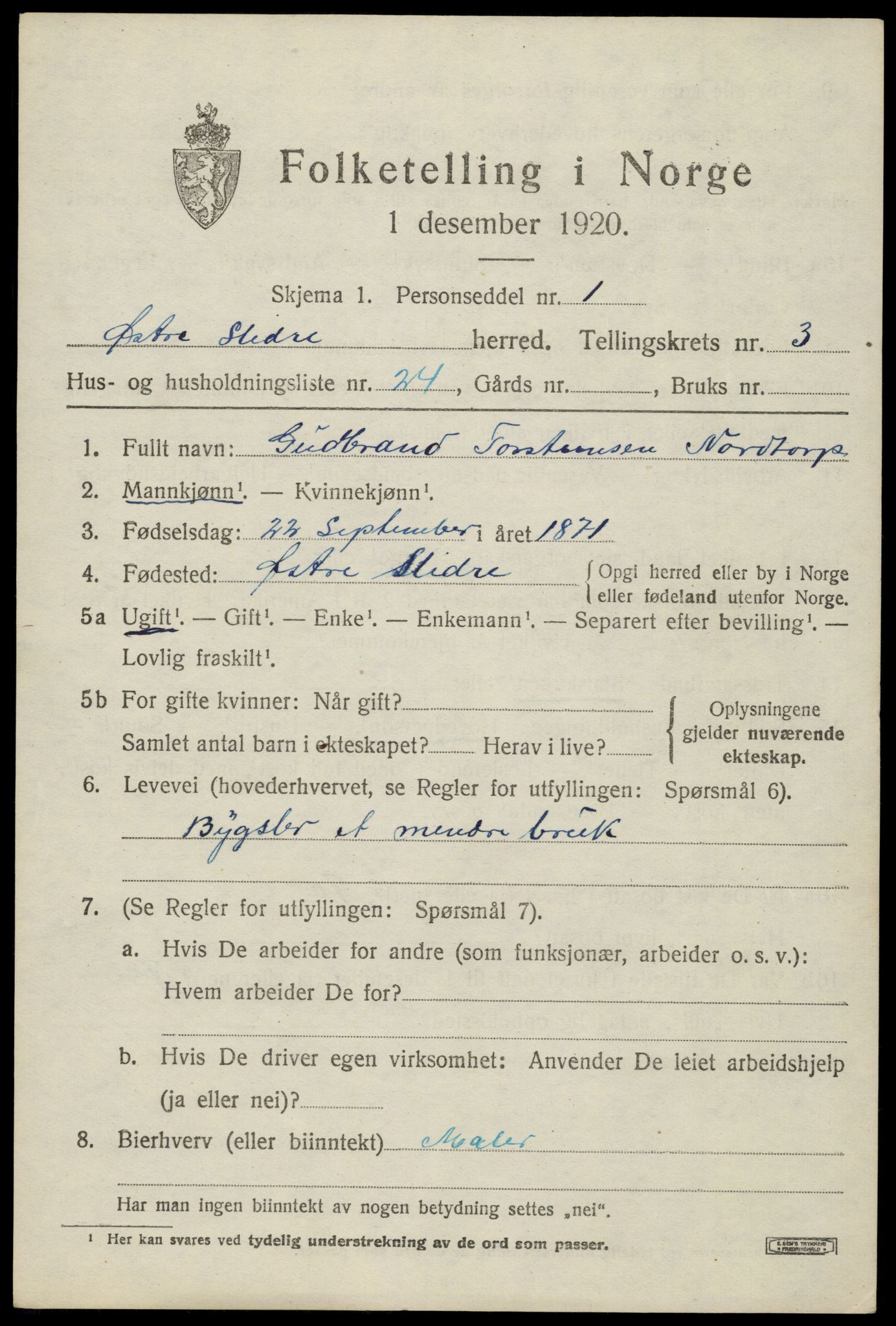 SAH, 1920 census for Øystre Slidre, 1920, p. 2429