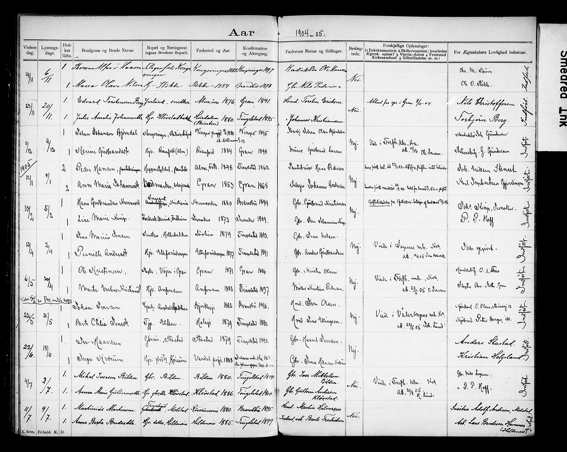 Brandbu prestekontor, SAH/PREST-114/I/Ie: Banns register no. 1, 1897-1914