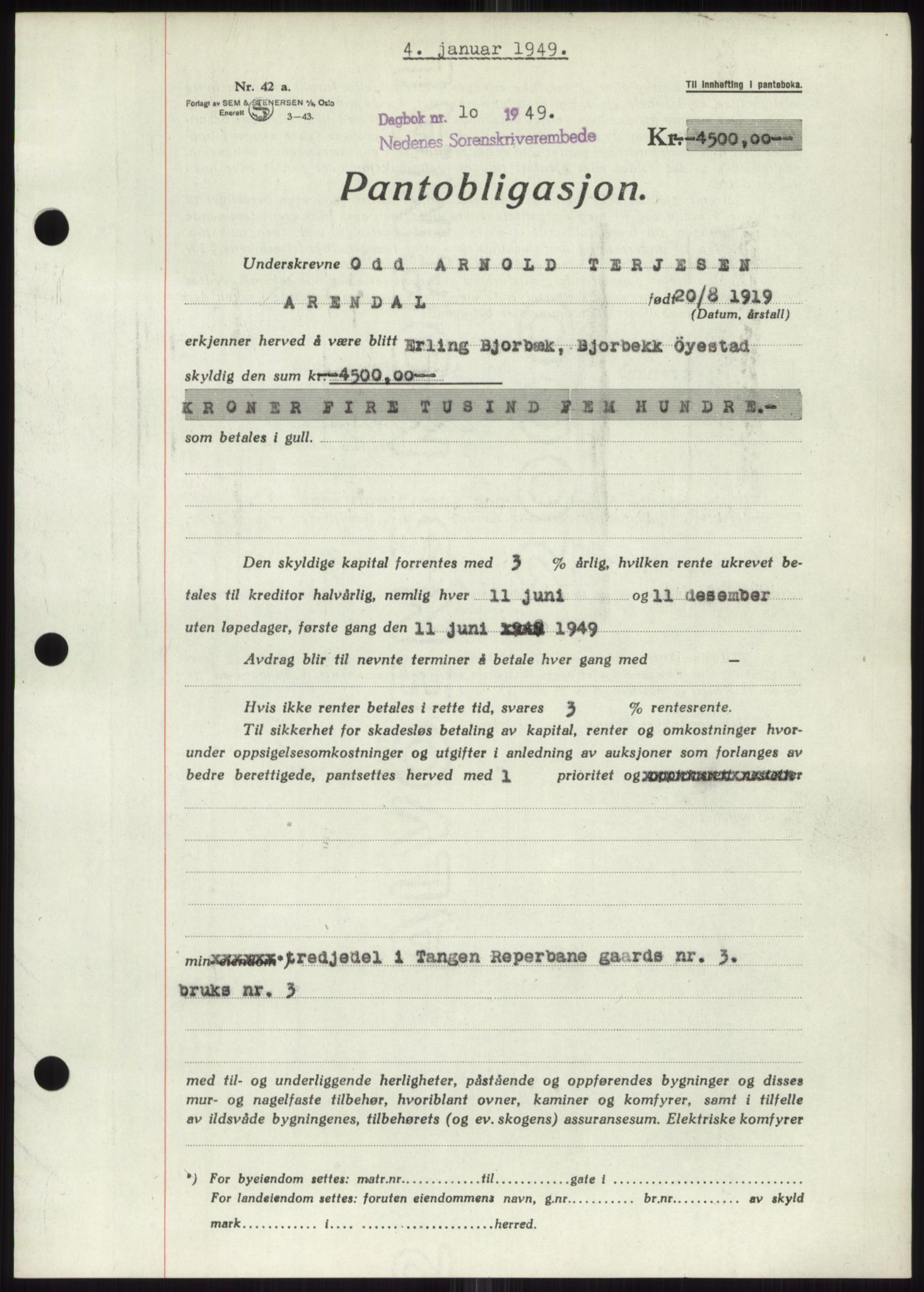 Nedenes sorenskriveri, SAK/1221-0006/G/Gb/Gbb/L0006: Mortgage book no. B6, 1948-1949, Diary no: : 10/1949