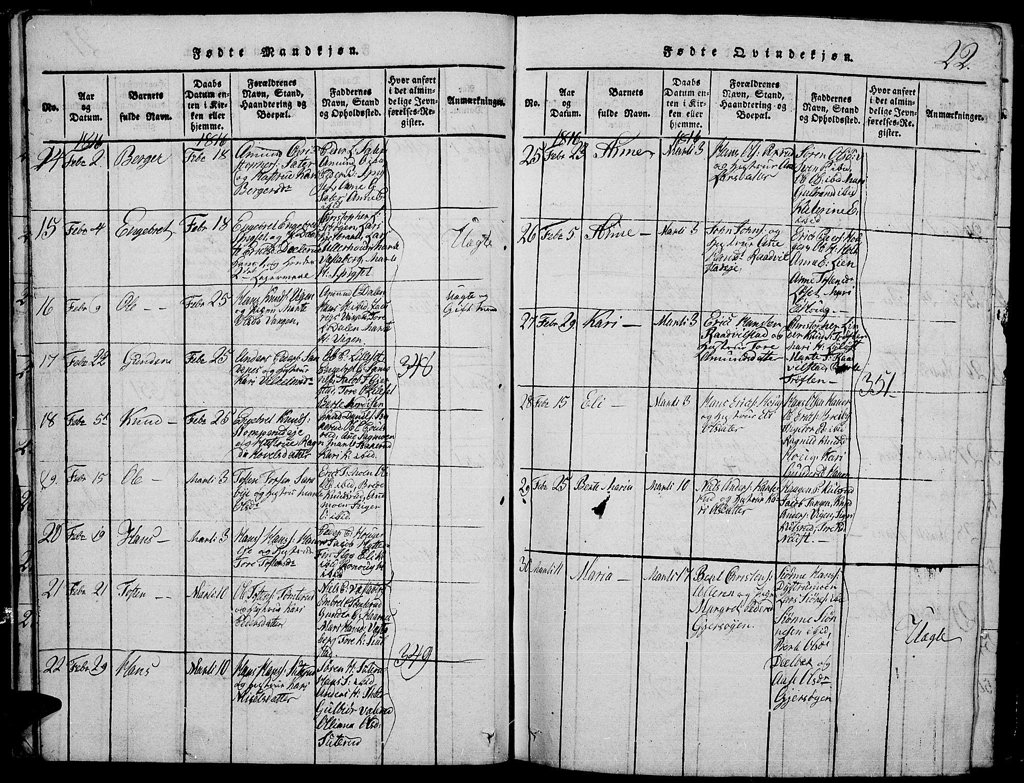 Strøm-Odalen prestekontor, AV/SAH-PREST-028/H/Ha/Hab/L0001: Parish register (copy) no. 1, 1813-1825, p. 22