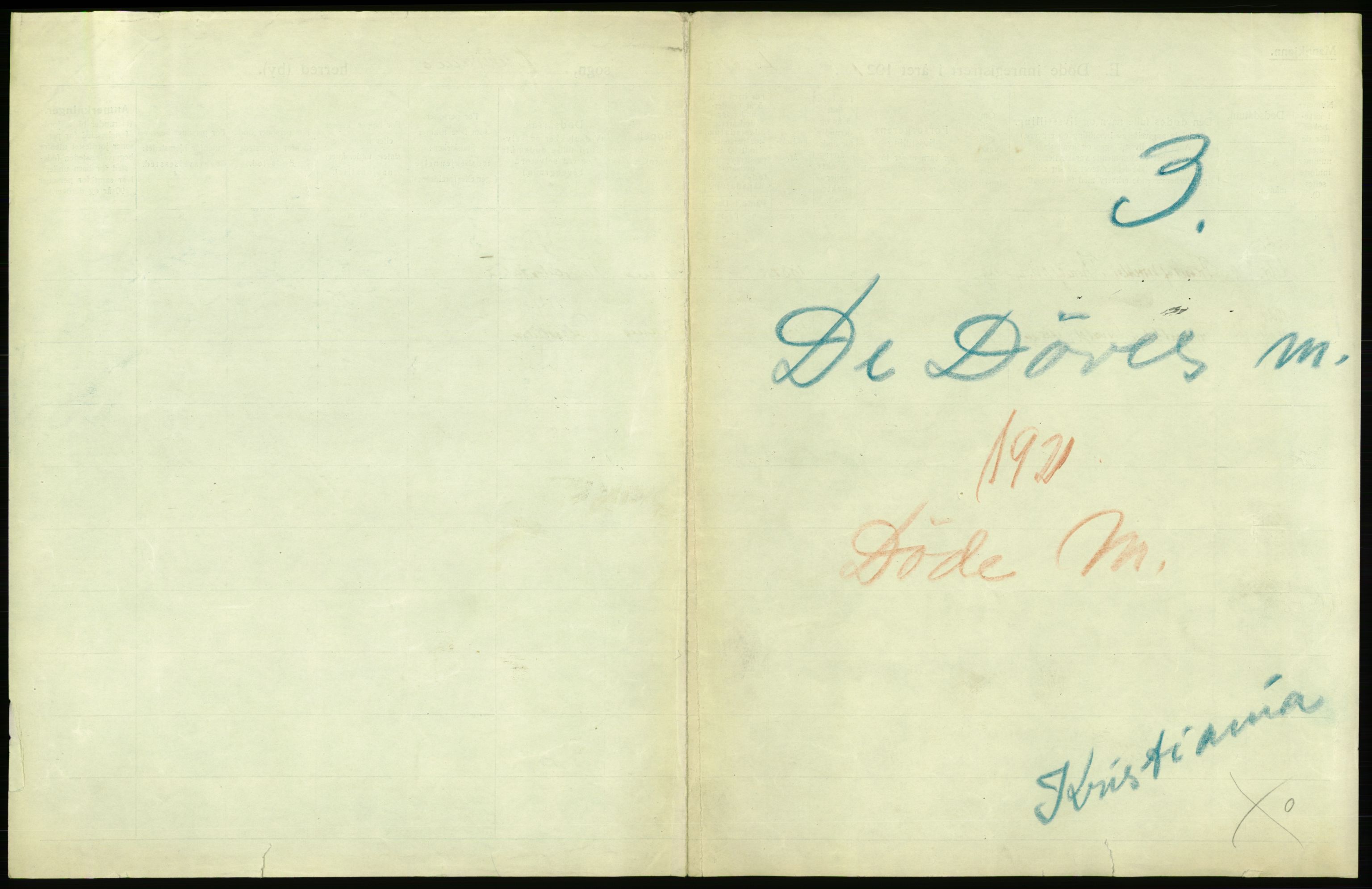 Statistisk sentralbyrå, Sosiodemografiske emner, Befolkning, RA/S-2228/D/Df/Dfc/Dfca/L0013: Kristiania: Døde, dødfødte, 1921, p. 1