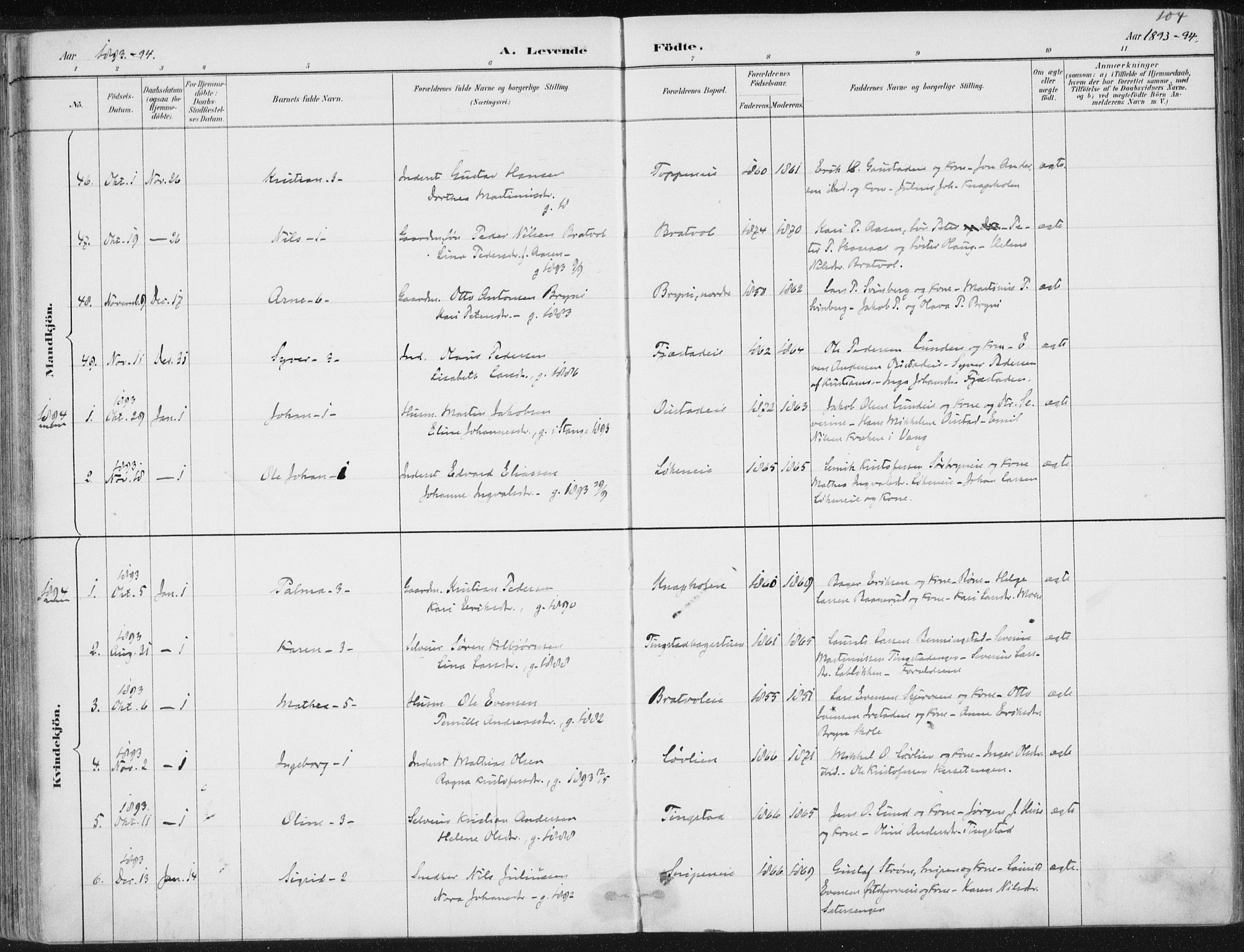 Romedal prestekontor, SAH/PREST-004/K/L0010: Parish register (official) no. 10, 1880-1895, p. 104