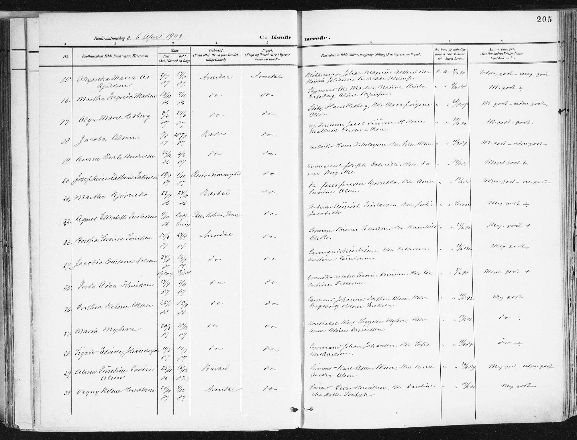 Arendal sokneprestkontor, Trefoldighet, AV/SAK-1111-0040/F/Fa/L0010: Parish register (official) no. A 10, 1900-1919, p. 205