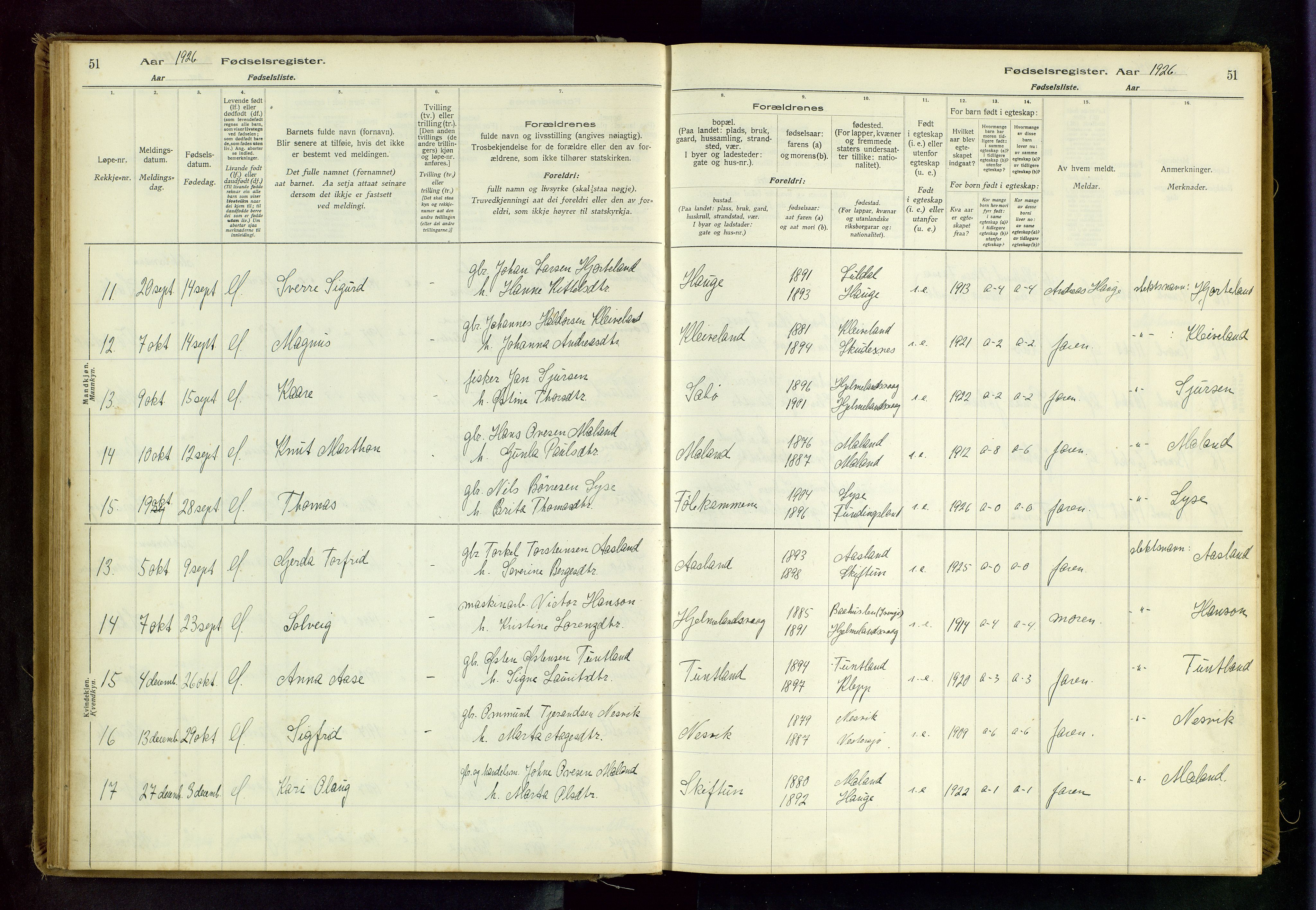 Hjelmeland sokneprestkontor, AV/SAST-A-101843/02/B/L0001: Birth register no. 1, 1916-1963, p. 51