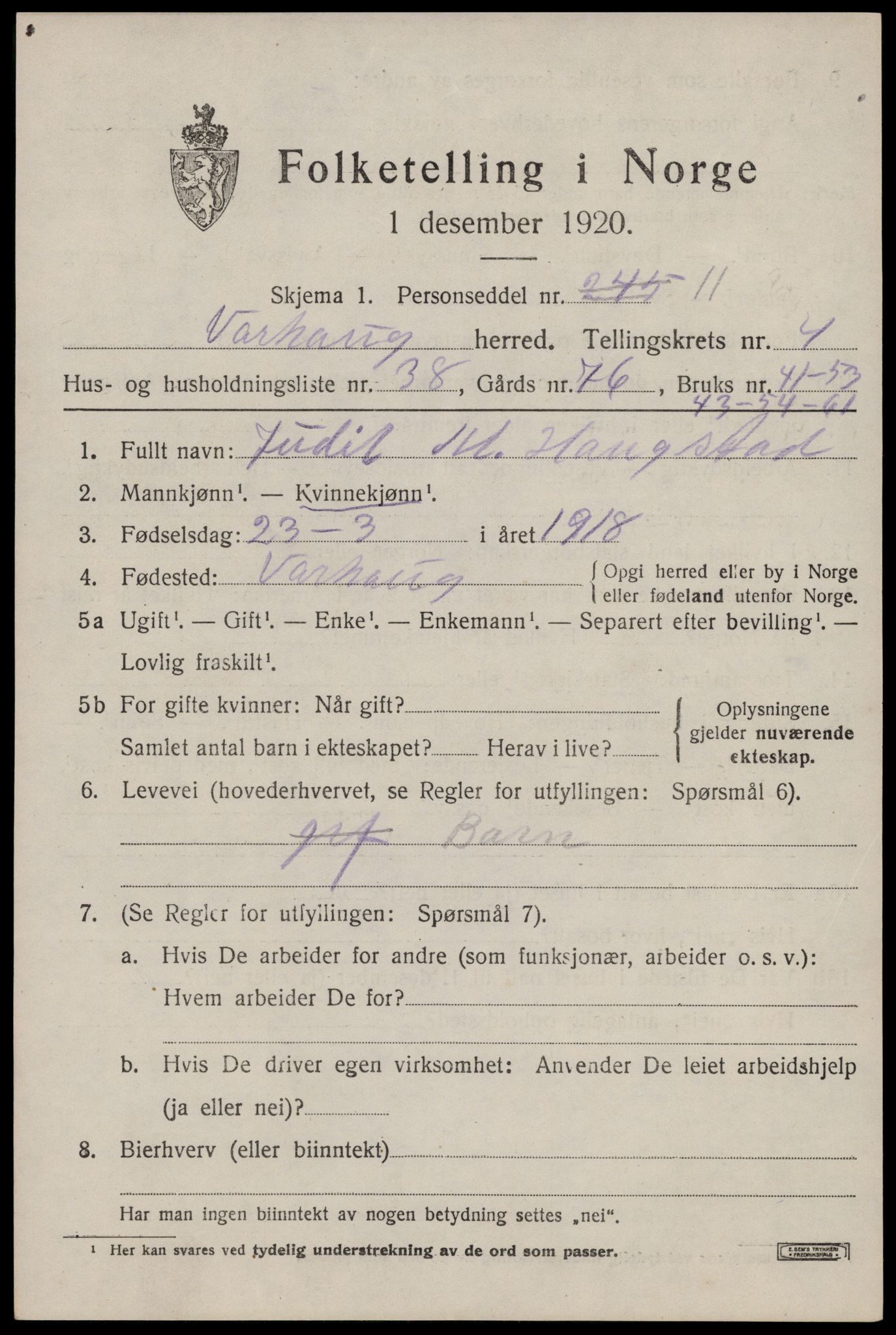 SAST, 1920 census for Varhaug, 1920, p. 4117