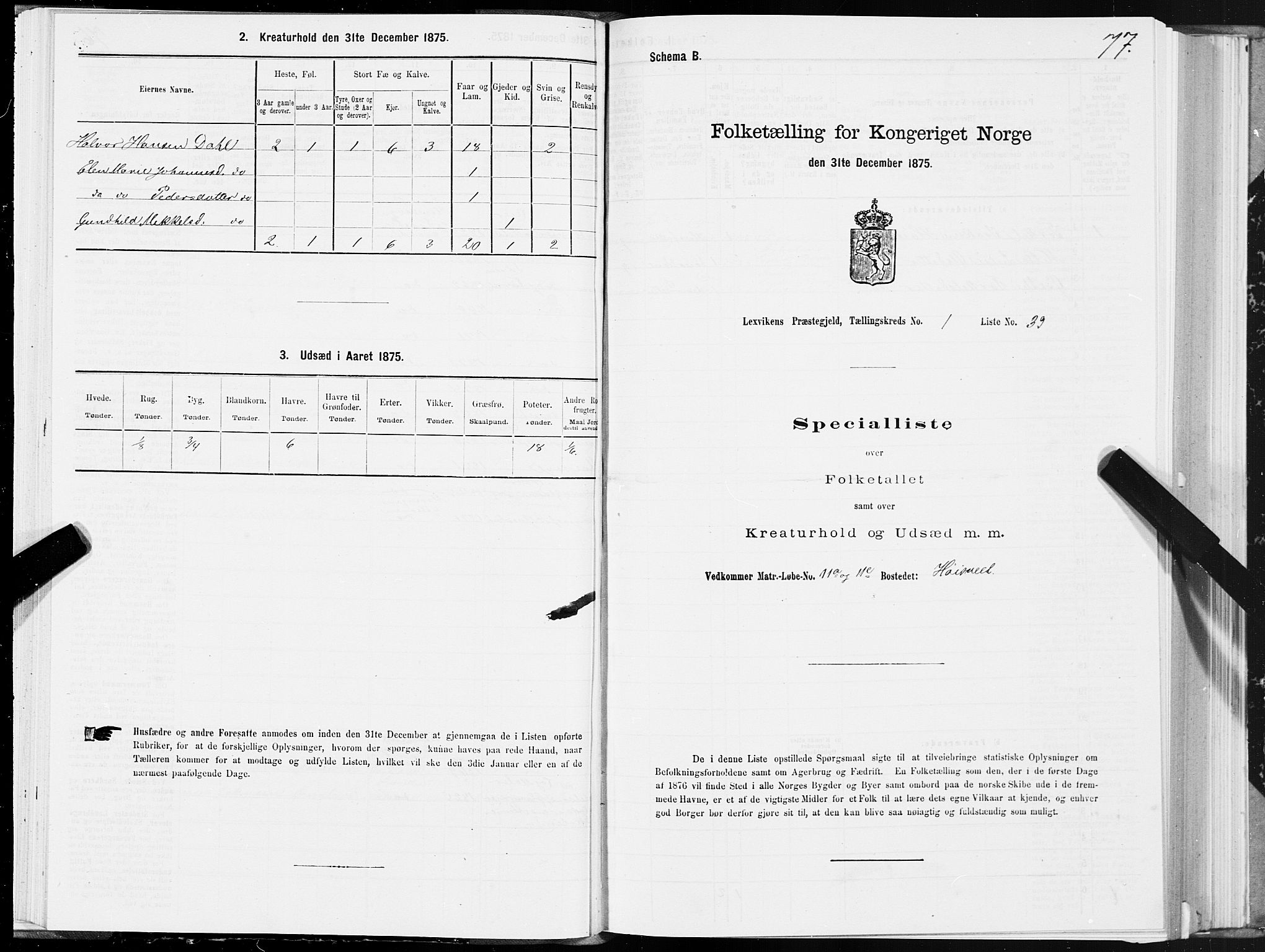 SAT, 1875 census for 1718P Leksvik, 1875, p. 1077