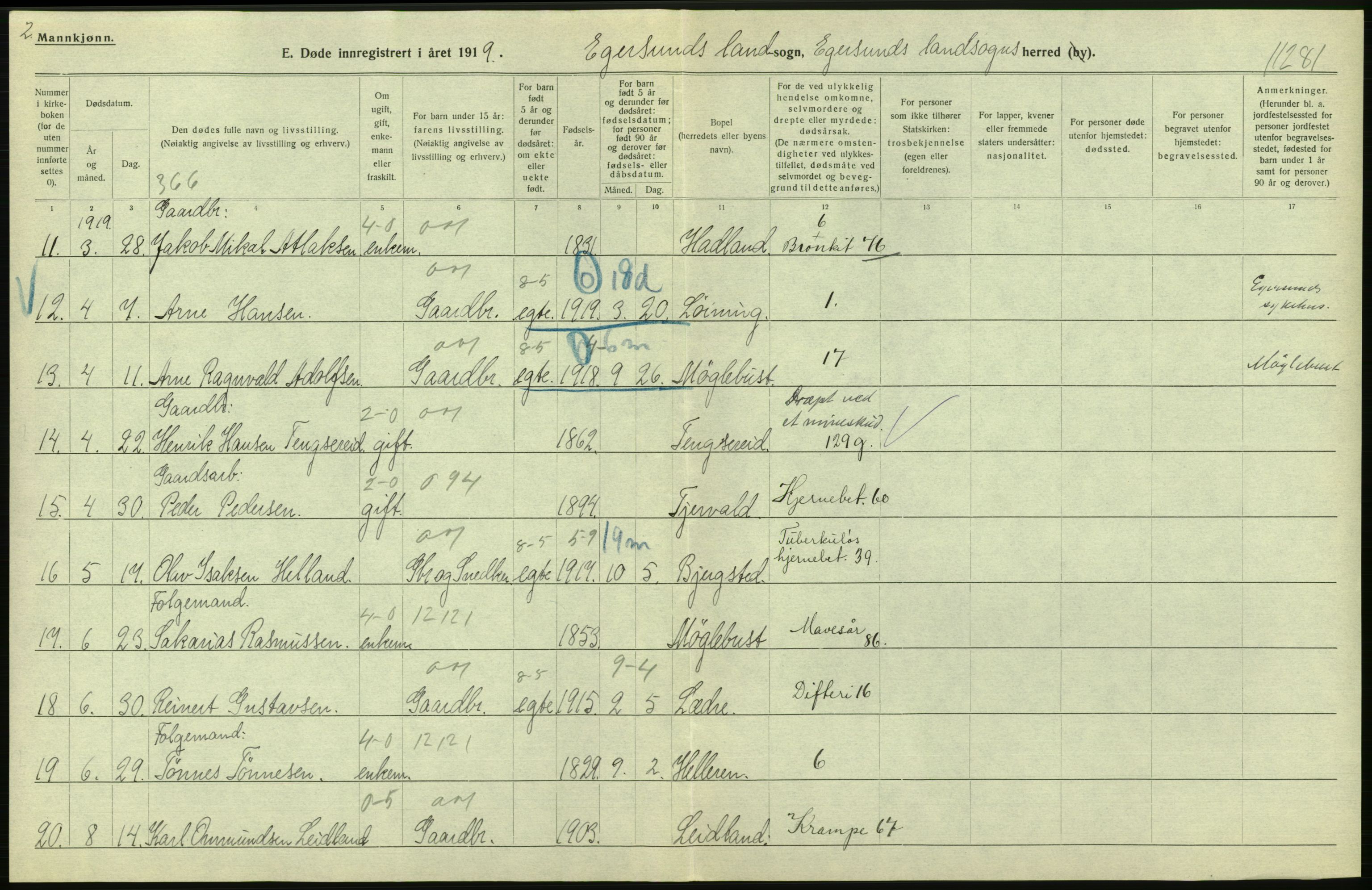 Statistisk sentralbyrå, Sosiodemografiske emner, Befolkning, RA/S-2228/D/Df/Dfb/Dfbi/L0030: Rogaland fylke: Døde. Bygder og byer., 1919, p. 16