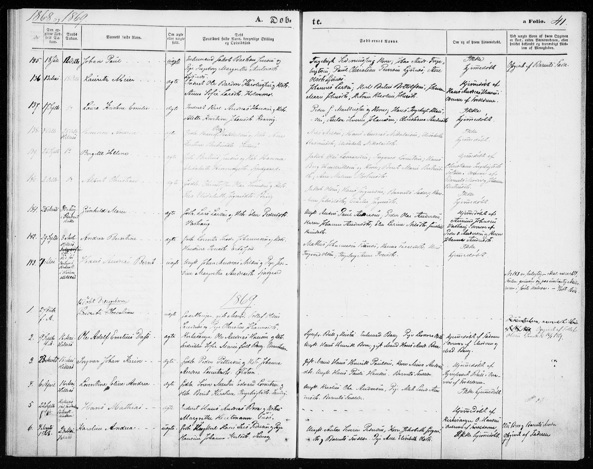 Lenvik sokneprestembete, SATØ/S-1310/H/Ha/Haa/L0009kirke: Parish register (official) no. 9, 1866-1873, p. 41