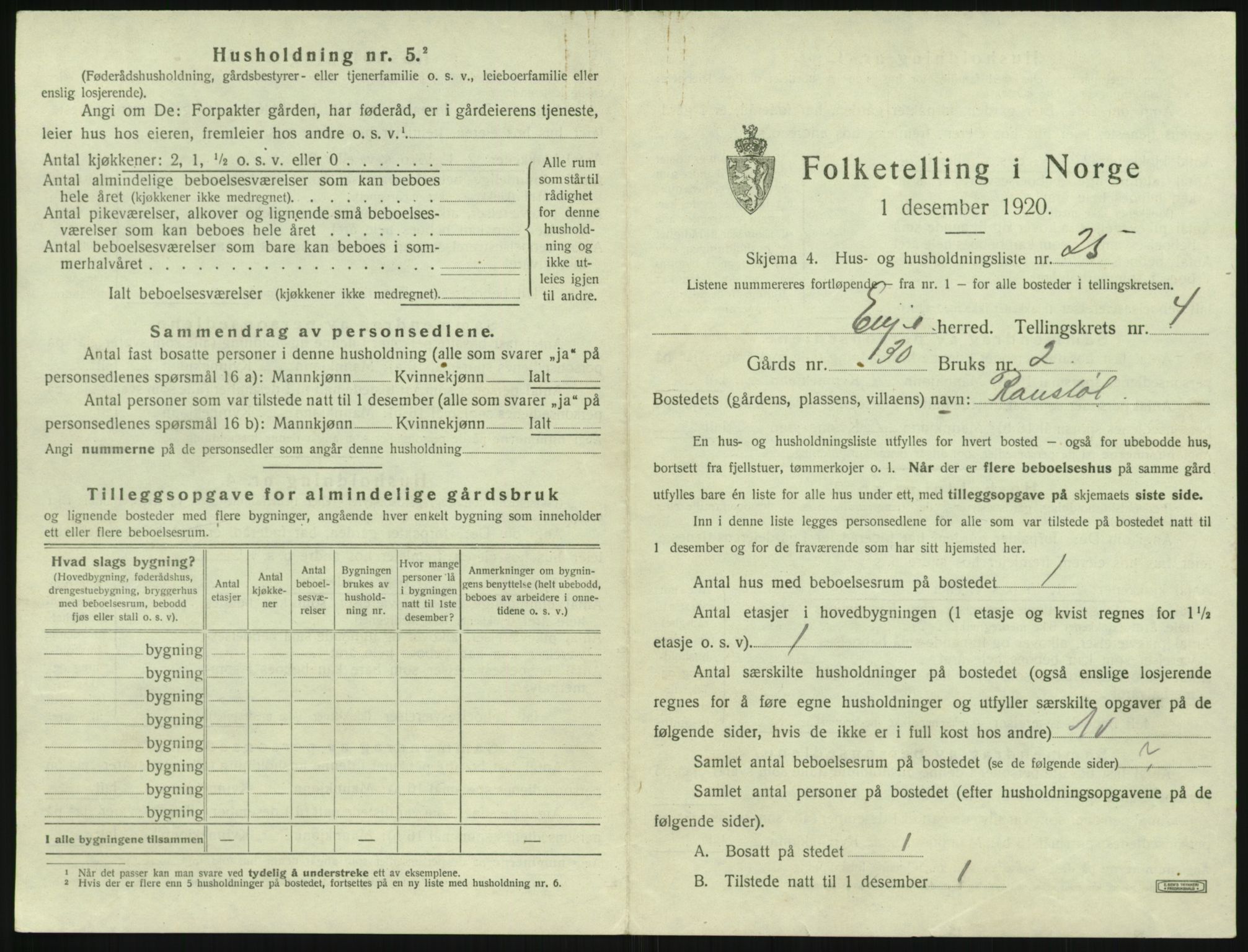 SAK, 1920 census for Evje, 1920, p. 210