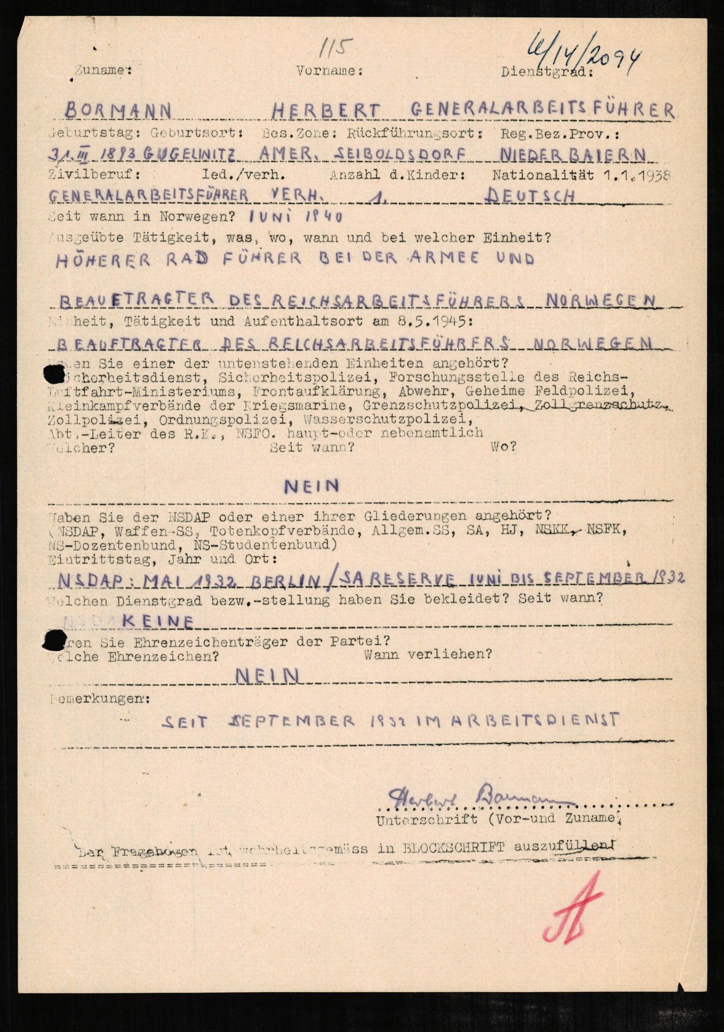 Forsvaret, Forsvarets overkommando II, AV/RA-RAFA-3915/D/Db/L0004: CI Questionaires. Tyske okkupasjonsstyrker i Norge. Tyskere., 1945-1946, p. 2