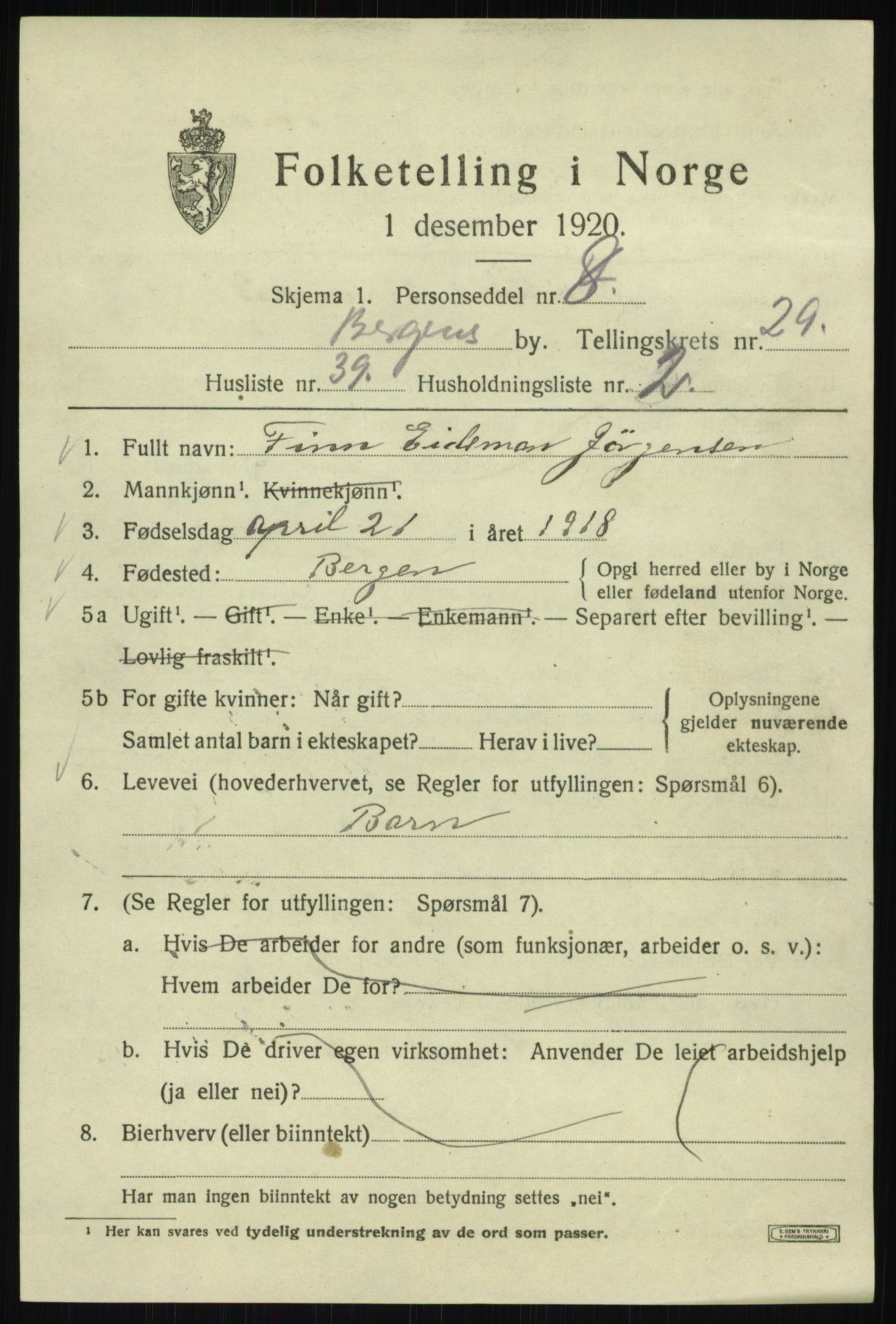 SAB, 1920 census for Bergen, 1920, p. 94725