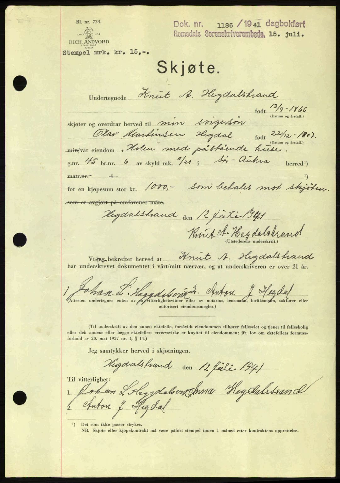 Romsdal sorenskriveri, AV/SAT-A-4149/1/2/2C: Mortgage book no. A10, 1941-1941, Diary no: : 1186/1941