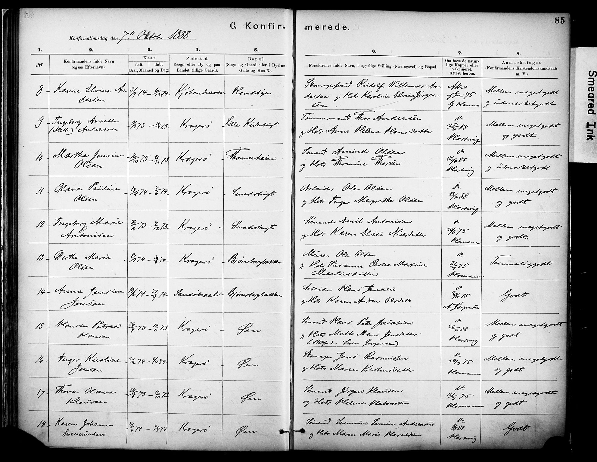 Kragerø kirkebøker, SAKO/A-278/F/Fa/L0012: Parish register (official) no. 12, 1880-1904, p. 85