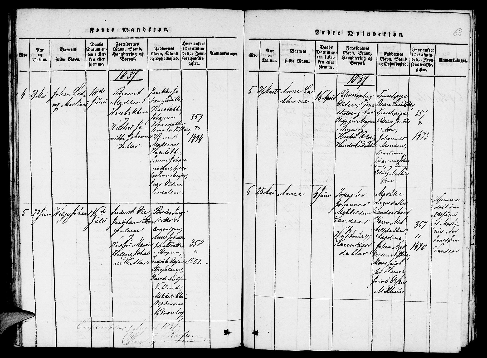 St. Jørgens hospital og Årstad sokneprestembete, AV/SAB-A-99934: Parish register (copy) no. A 1, 1816-1843, p. 68