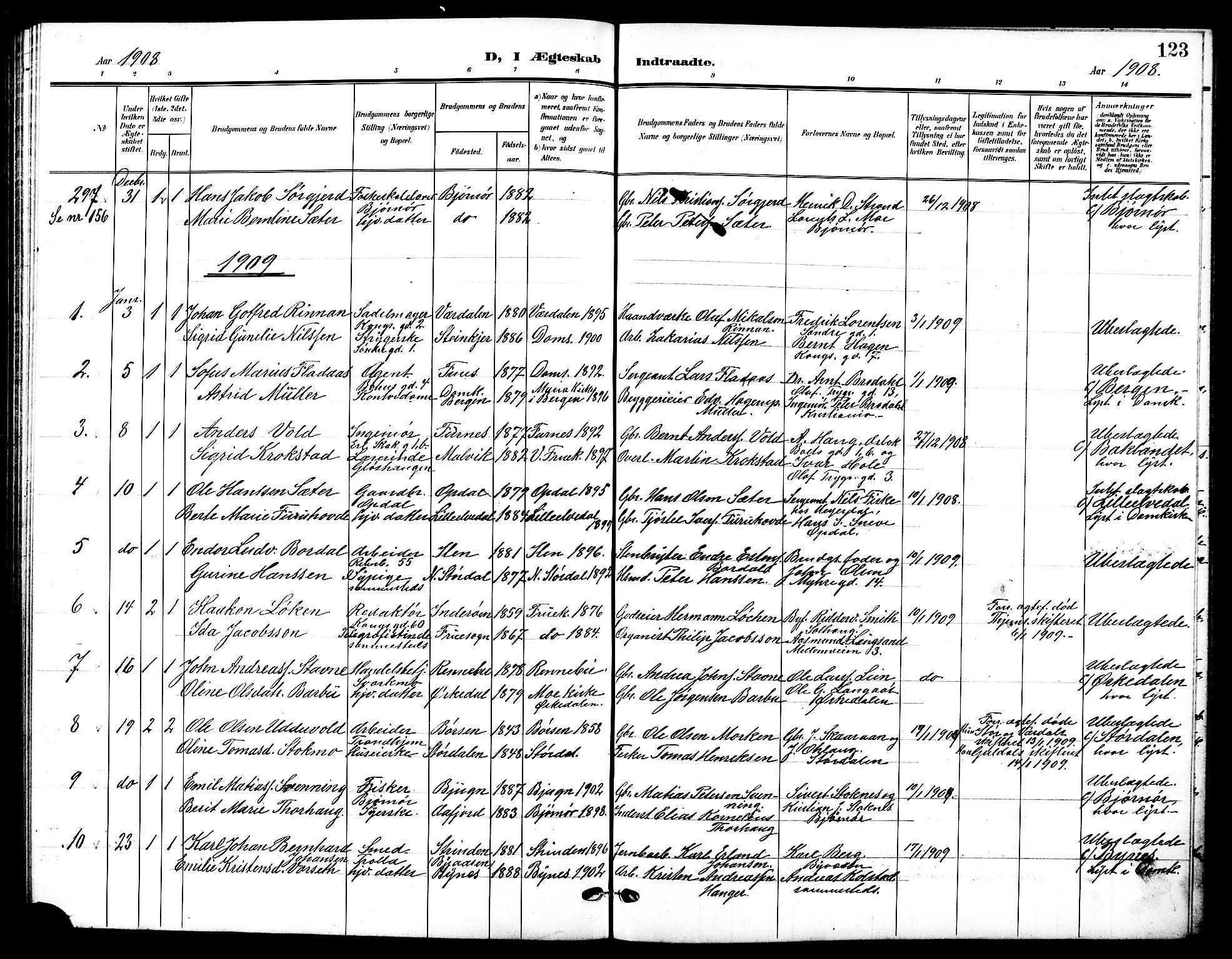 Ministerialprotokoller, klokkerbøker og fødselsregistre - Sør-Trøndelag, SAT/A-1456/601/L0095: Parish register (copy) no. 601C13, 1902-1911, p. 123
