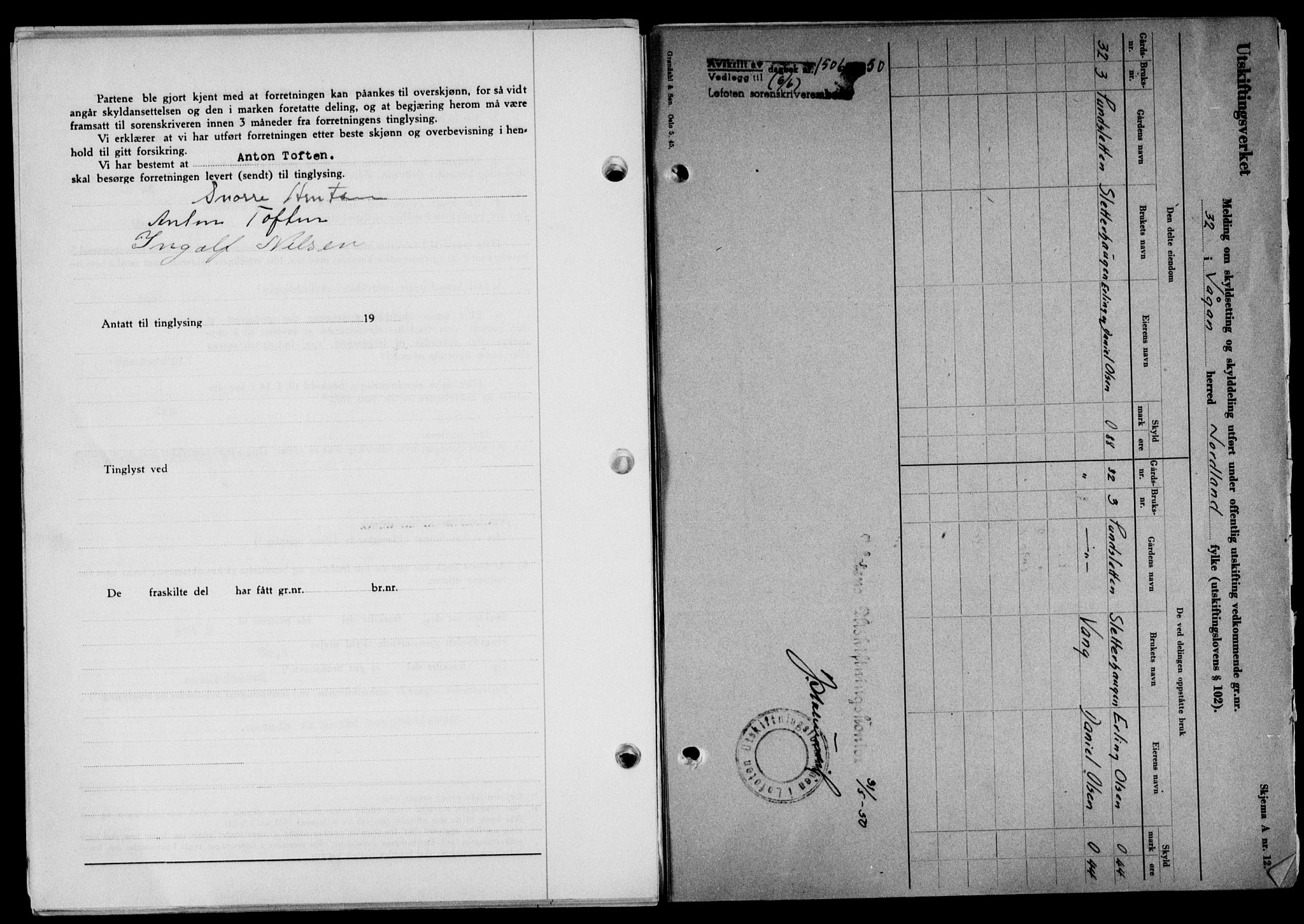 Lofoten sorenskriveri, SAT/A-0017/1/2/2C/L0023a: Mortgage book no. 23a, 1950-1950, Diary no: : 1506/1950