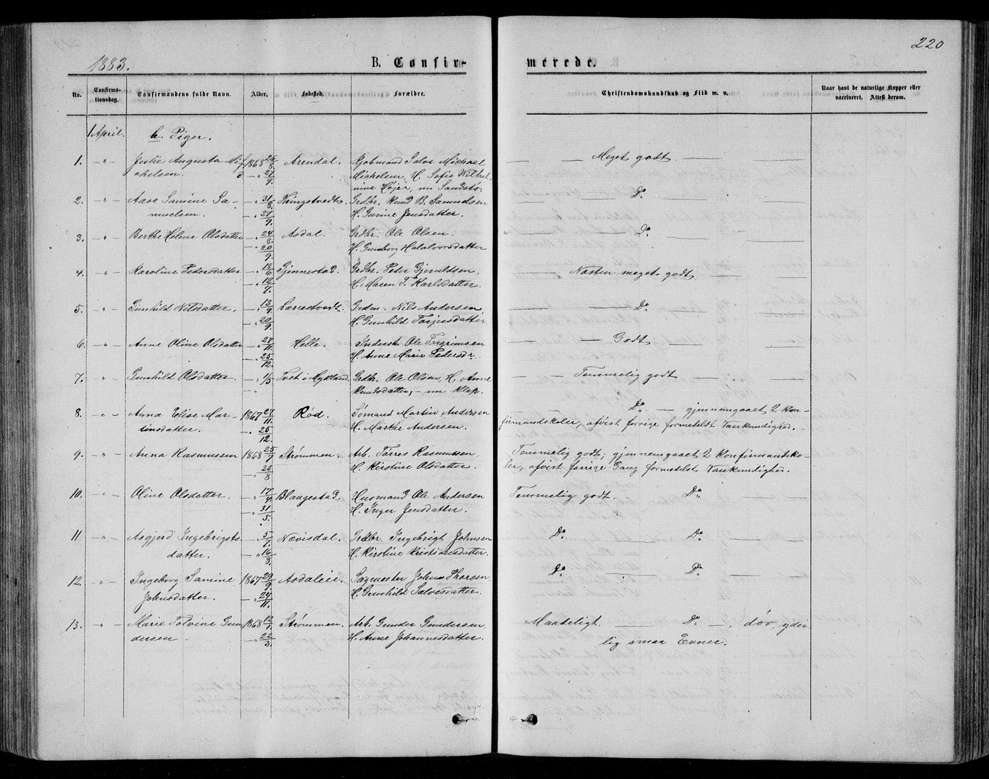 Øyestad sokneprestkontor, SAK/1111-0049/F/Fb/L0008: Parish register (copy) no. B 8, 1872-1886, p. 220