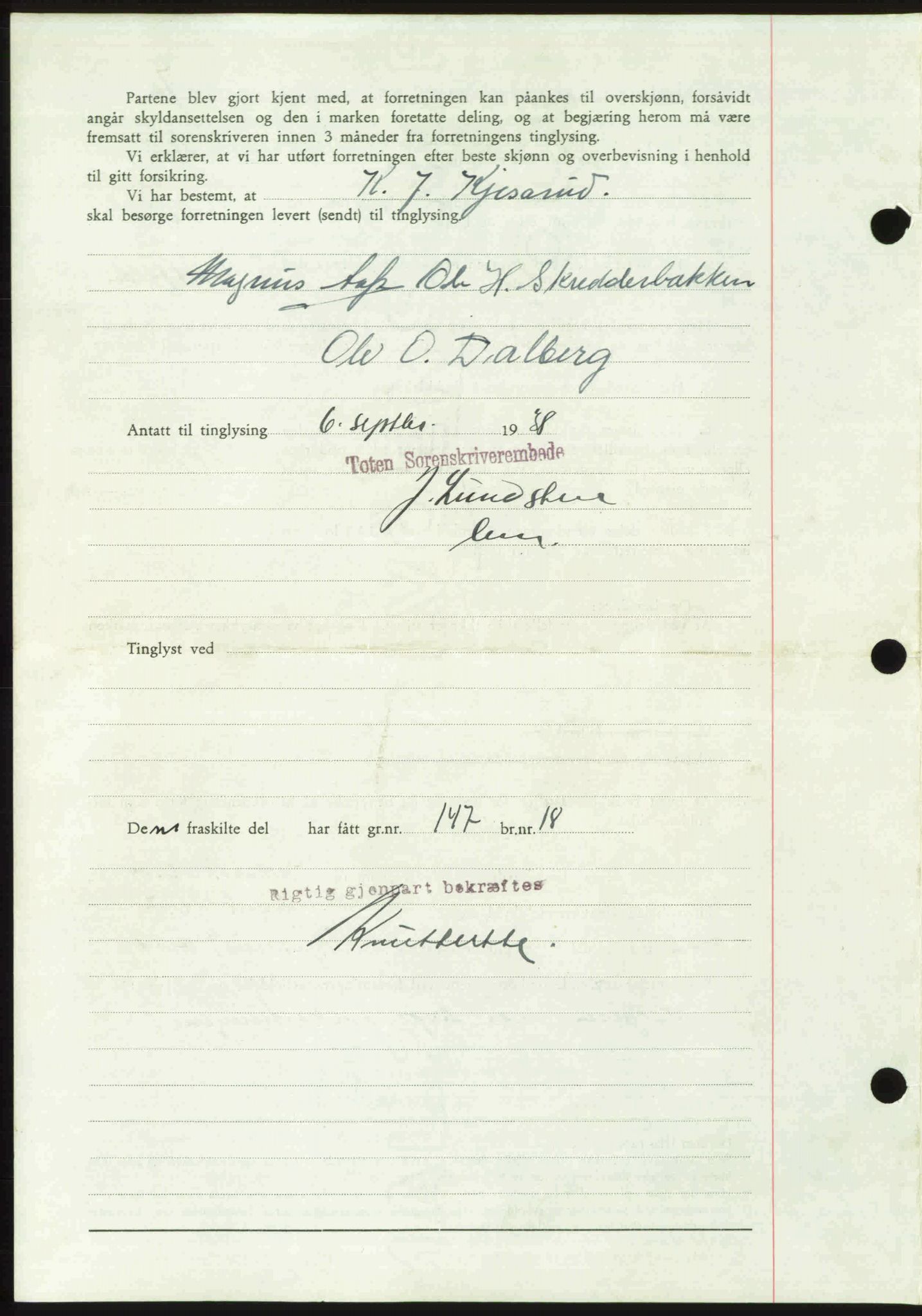 Toten tingrett, SAH/TING-006/H/Hb/Hbc/L0004: Mortgage book no. Hbc-04, 1938-1938, Diary no: : 1817/1938