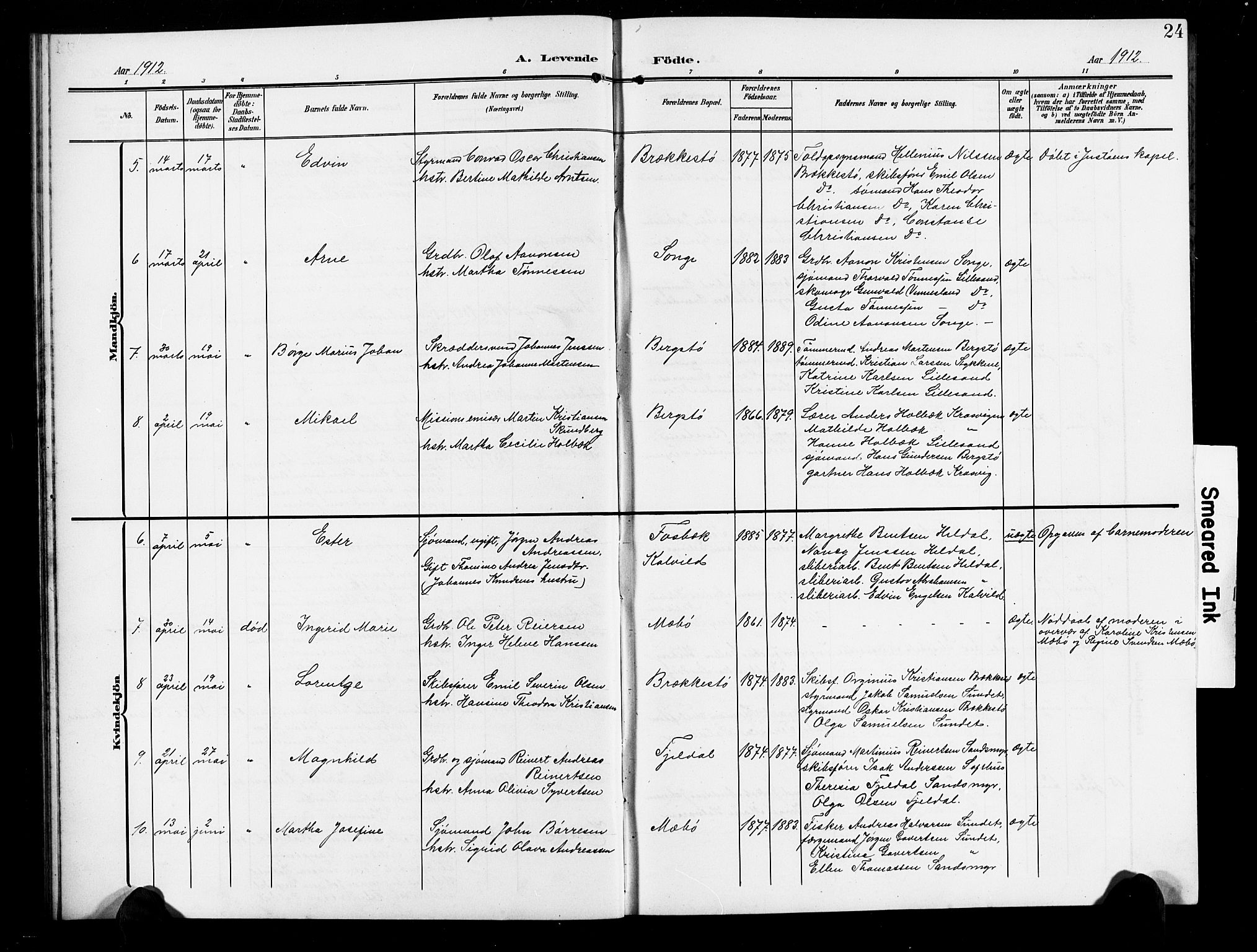 Vestre Moland sokneprestkontor, AV/SAK-1111-0046/F/Fb/Fbb/L0007: Parish register (copy) no. B 7, 1906-1929, p. 24