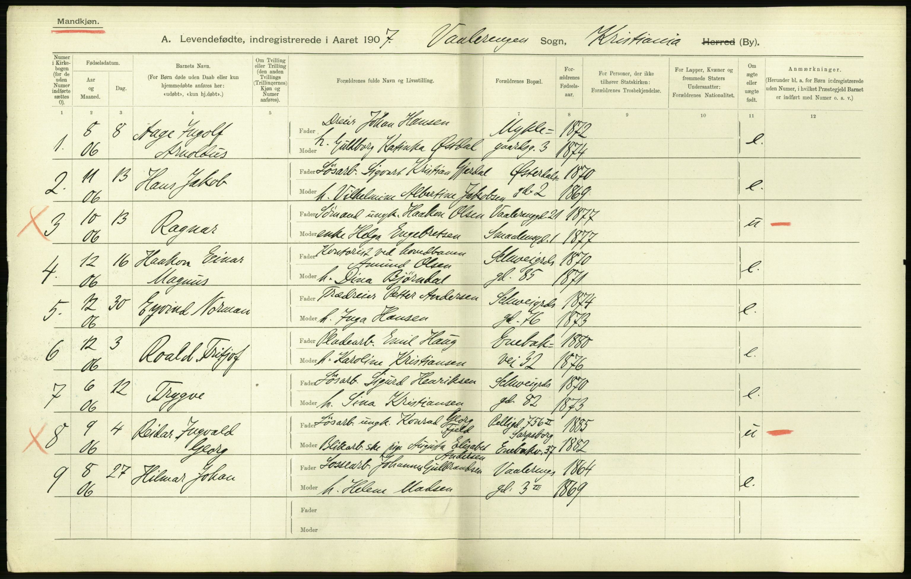 Statistisk sentralbyrå, Sosiodemografiske emner, Befolkning, AV/RA-S-2228/D/Df/Dfa/Dfae/L0007: Kristiania: Levendefødte menn og kvinner., 1907, p. 618