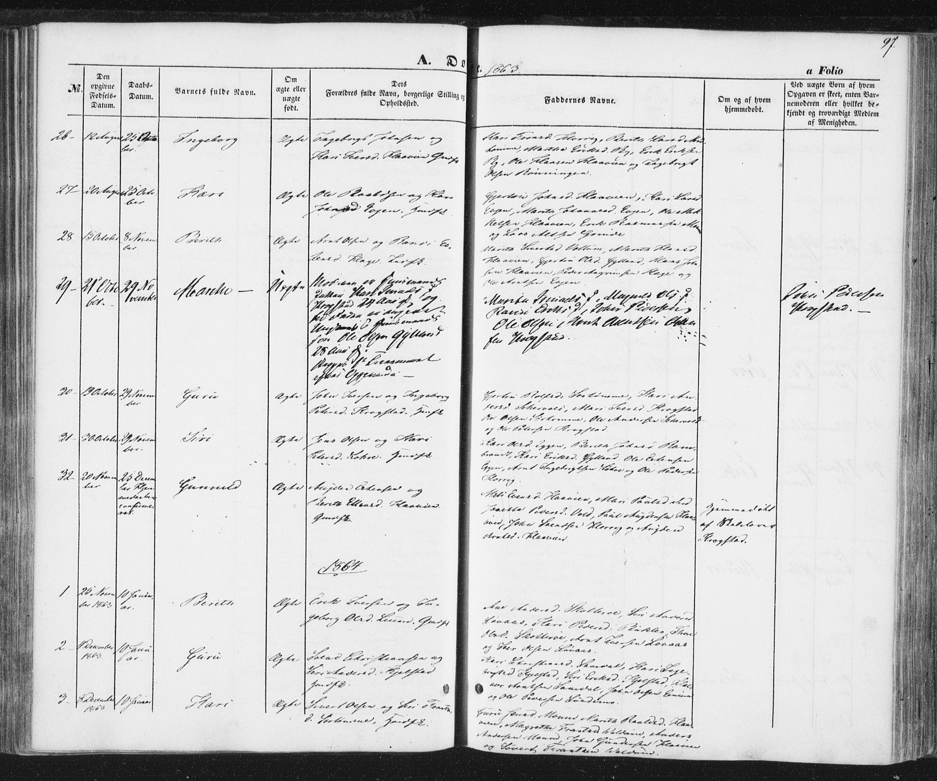 Ministerialprotokoller, klokkerbøker og fødselsregistre - Sør-Trøndelag, SAT/A-1456/692/L1103: Parish register (official) no. 692A03, 1849-1870, p. 97