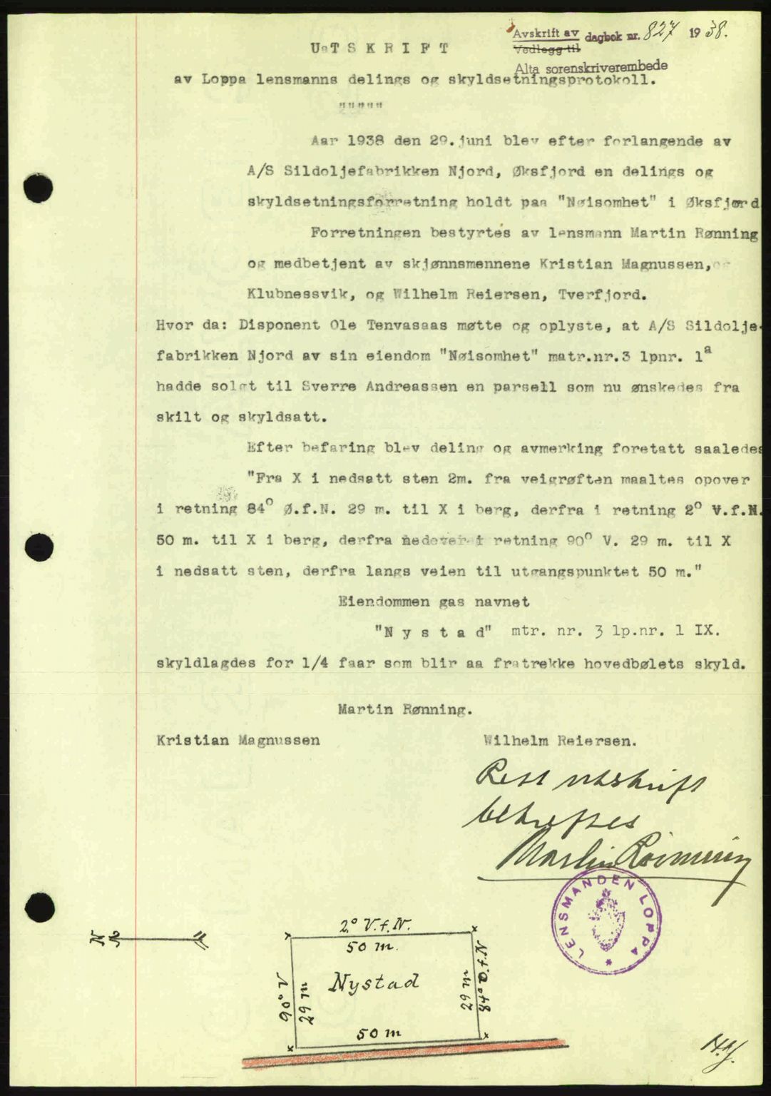 Alta fogderi/sorenskriveri, SATØ/SATØ-5/1/K/Kd/L0031pantebok: Mortgage book no. 31, 1938-1939, Diary no: : 827/1938