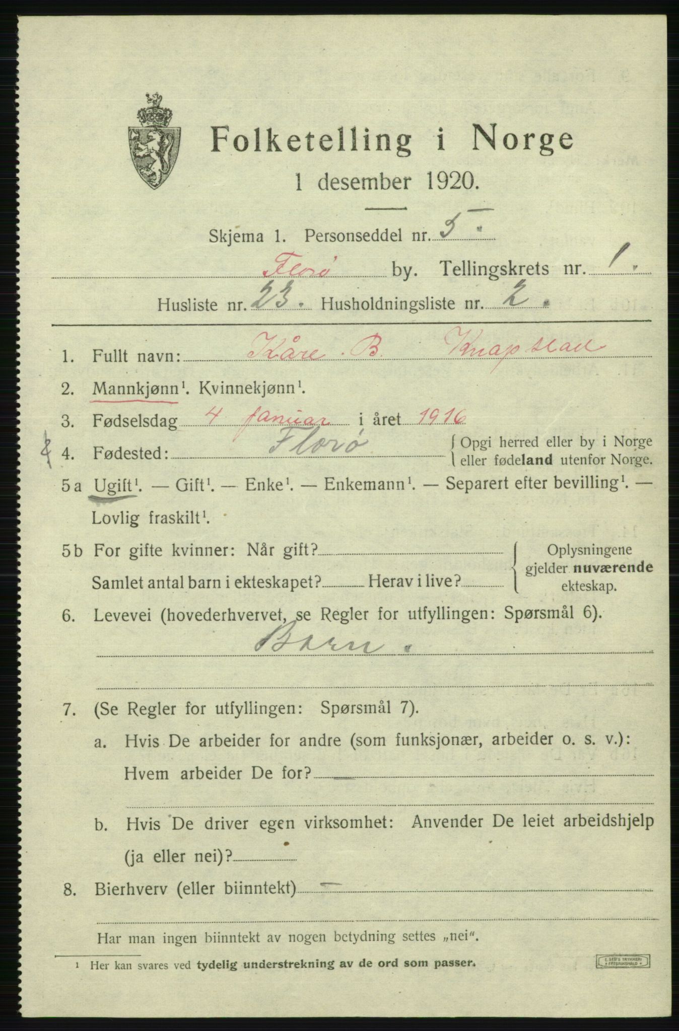 SAB, 1920 census for Florø, 1920, p. 1536
