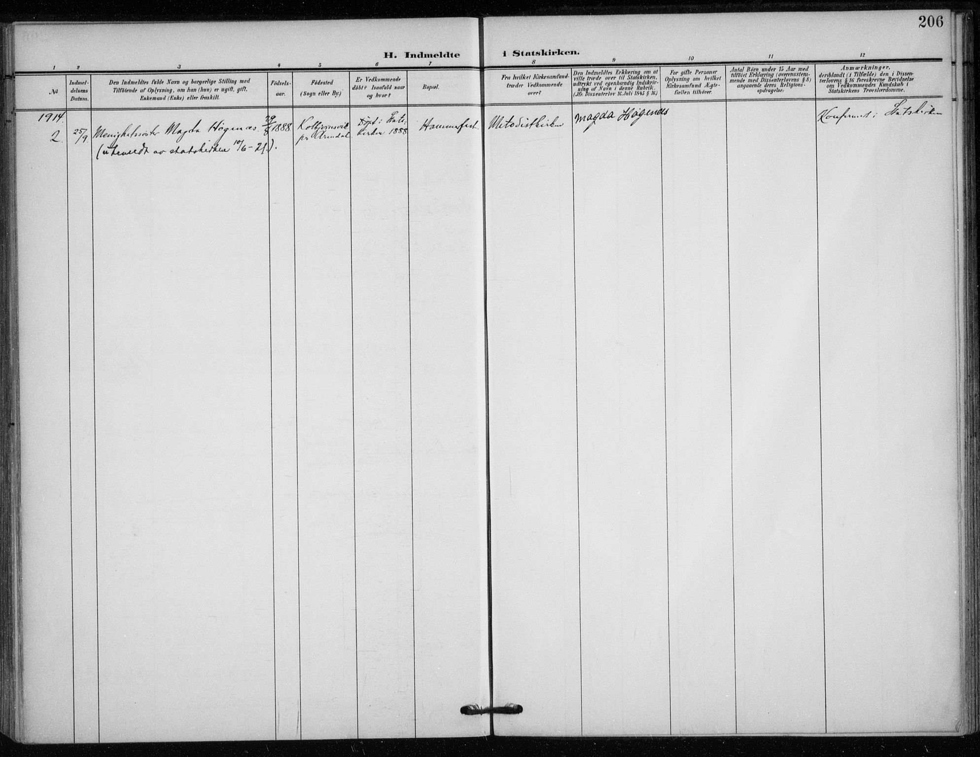 Hammerfest sokneprestkontor, SATØ/S-1347/H/Ha/L0014.kirke: Parish register (official) no. 14, 1906-1916, p. 206