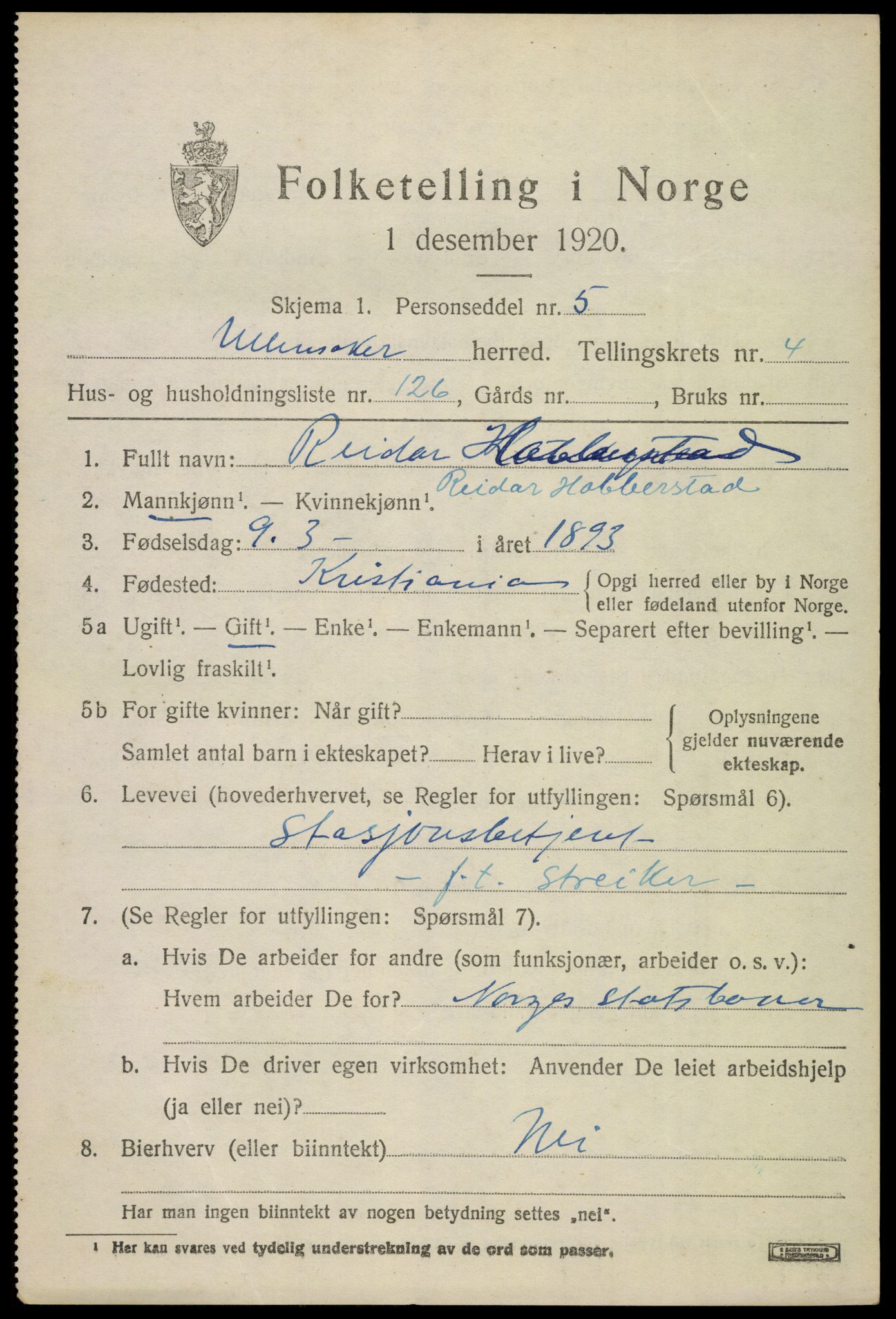 SAO, 1920 census for Ullensaker, 1920, p. 8801
