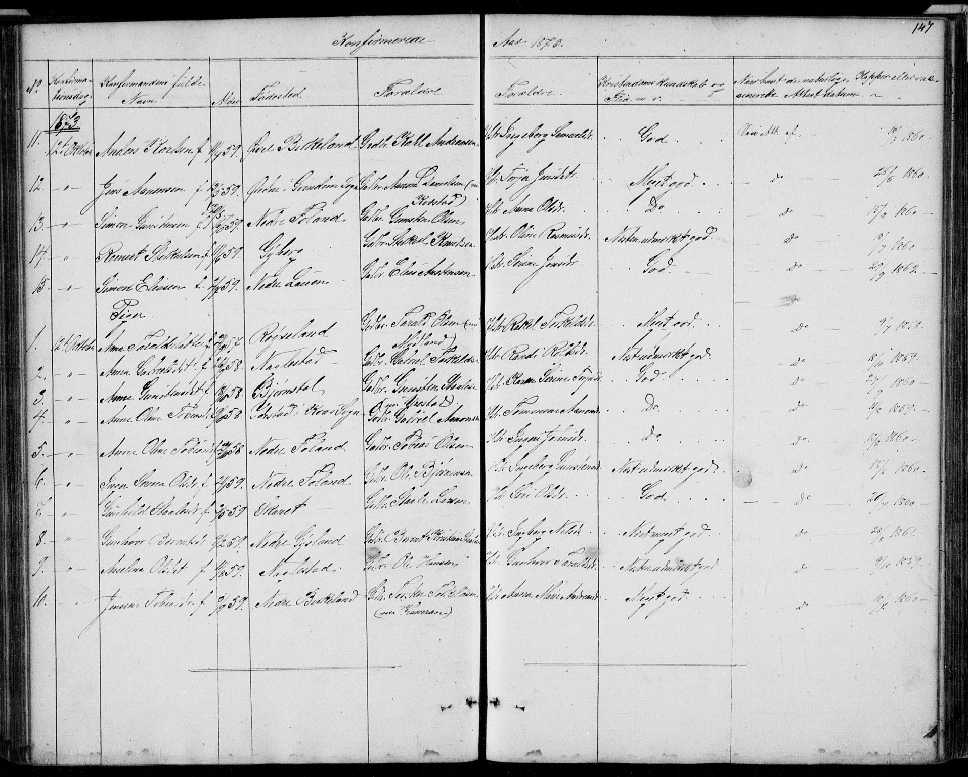 Hægebostad sokneprestkontor, AV/SAK-1111-0024/F/Fb/Fba/L0002: Parish register (copy) no. B 2, 1851-1882, p. 147