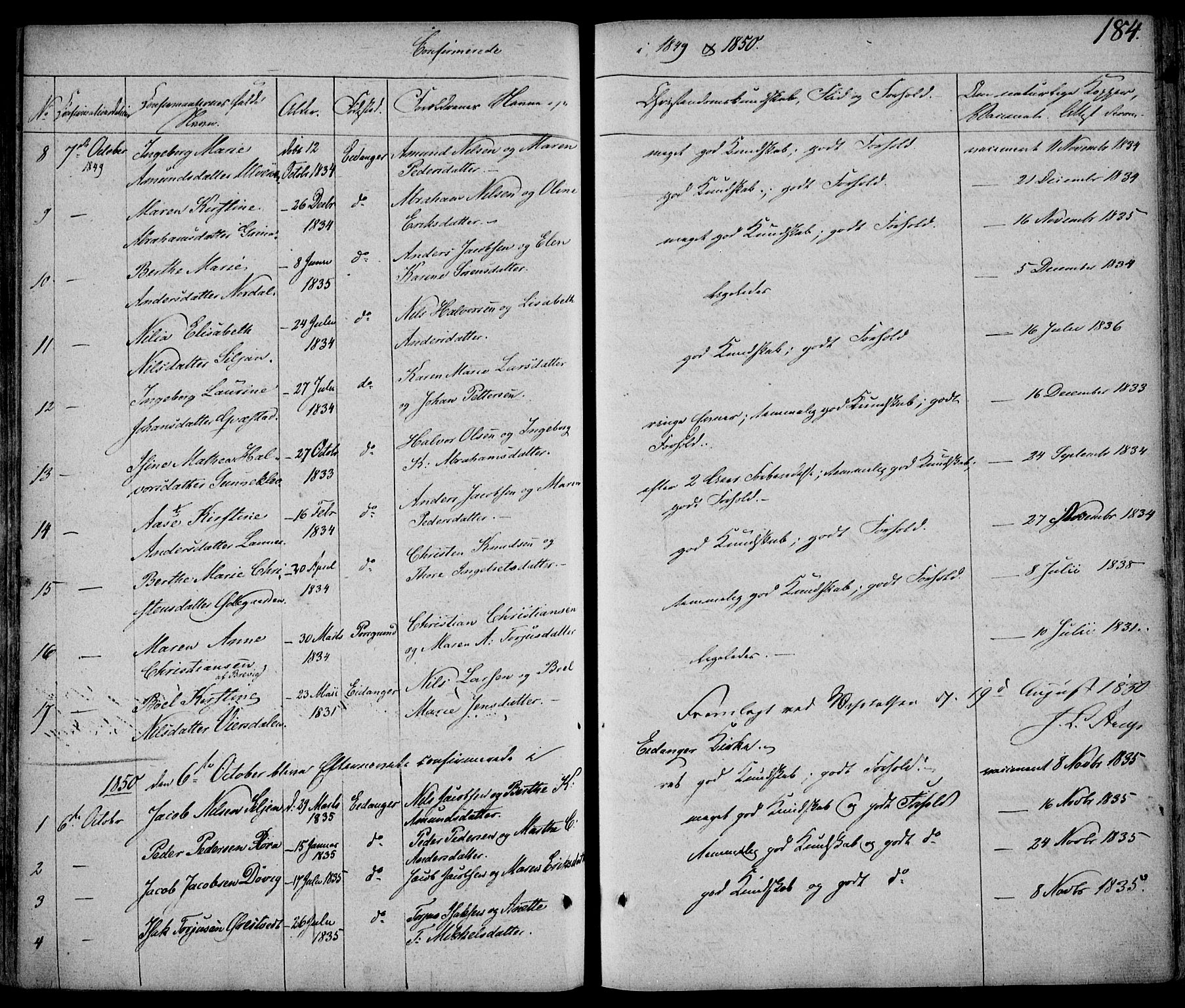 Eidanger kirkebøker, SAKO/A-261/F/Fa/L0008: Parish register (official) no. 8, 1831-1858, p. 184