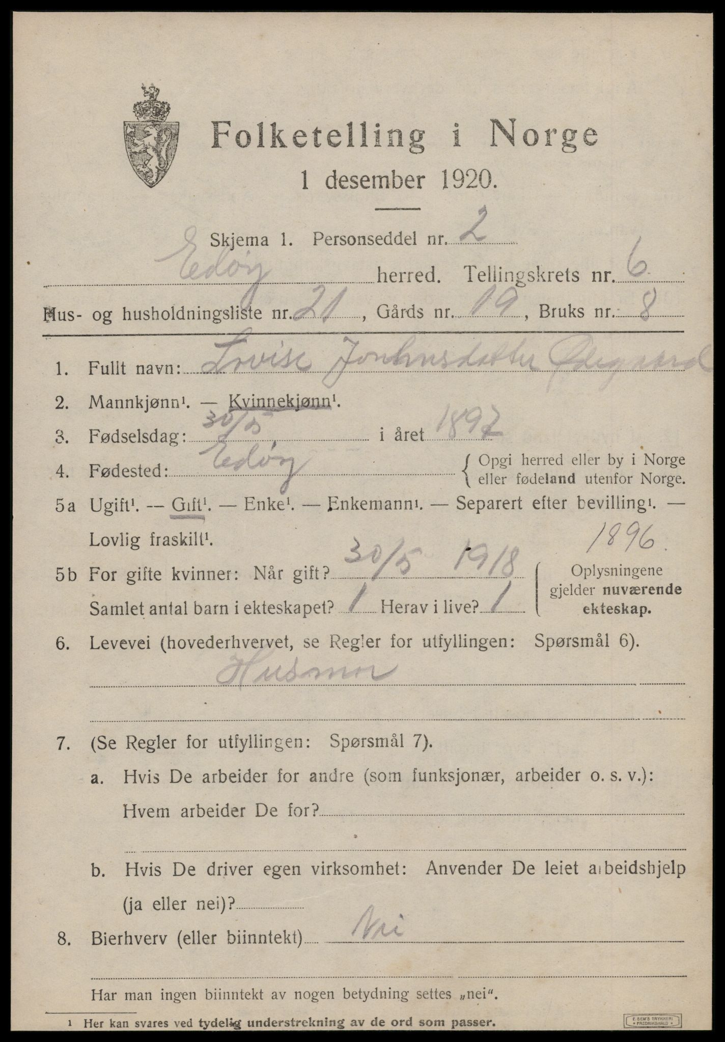 SAT, 1920 census for Edøy, 1920, p. 2020