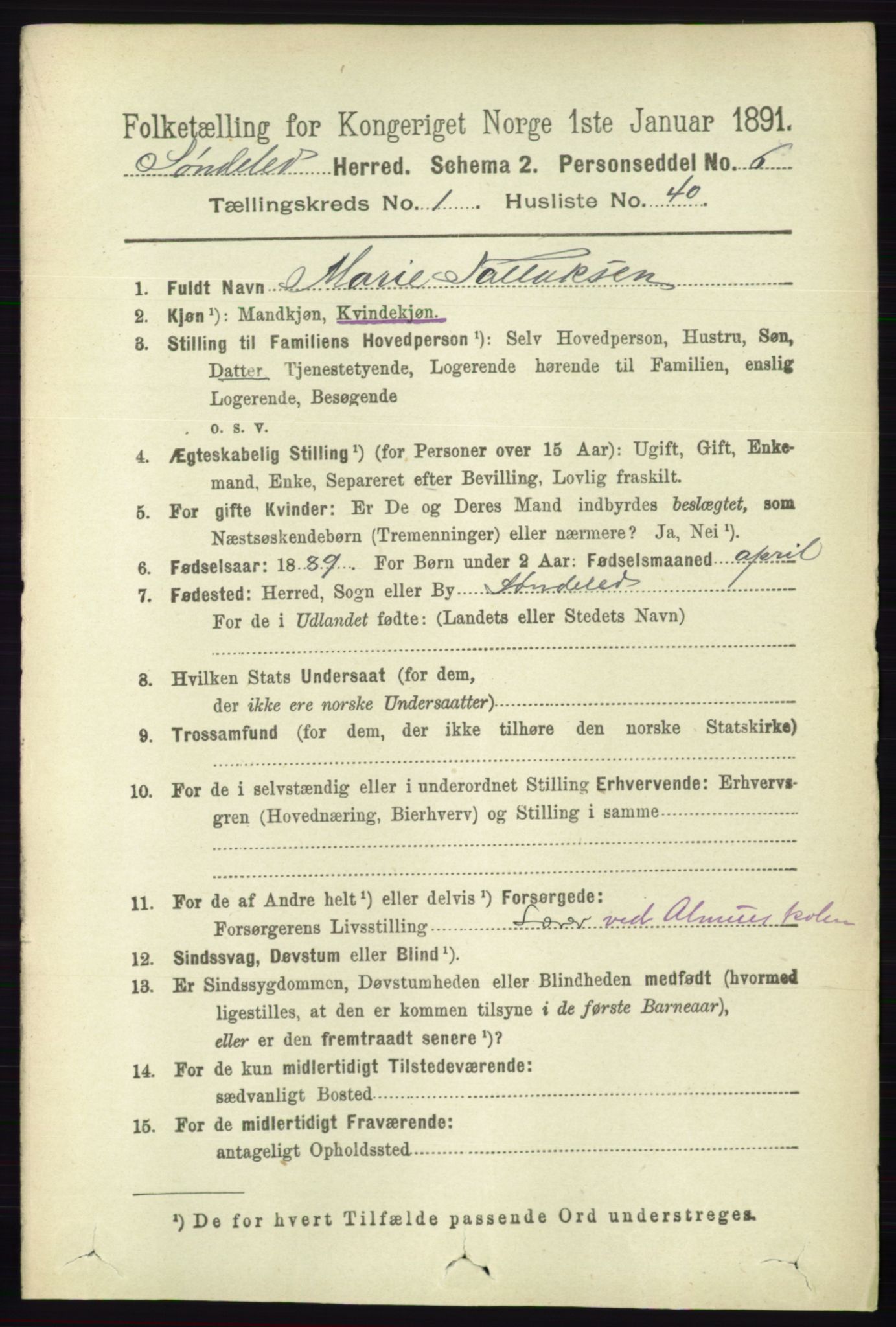 RA, 1891 census for 0913 Søndeled, 1891, p. 347