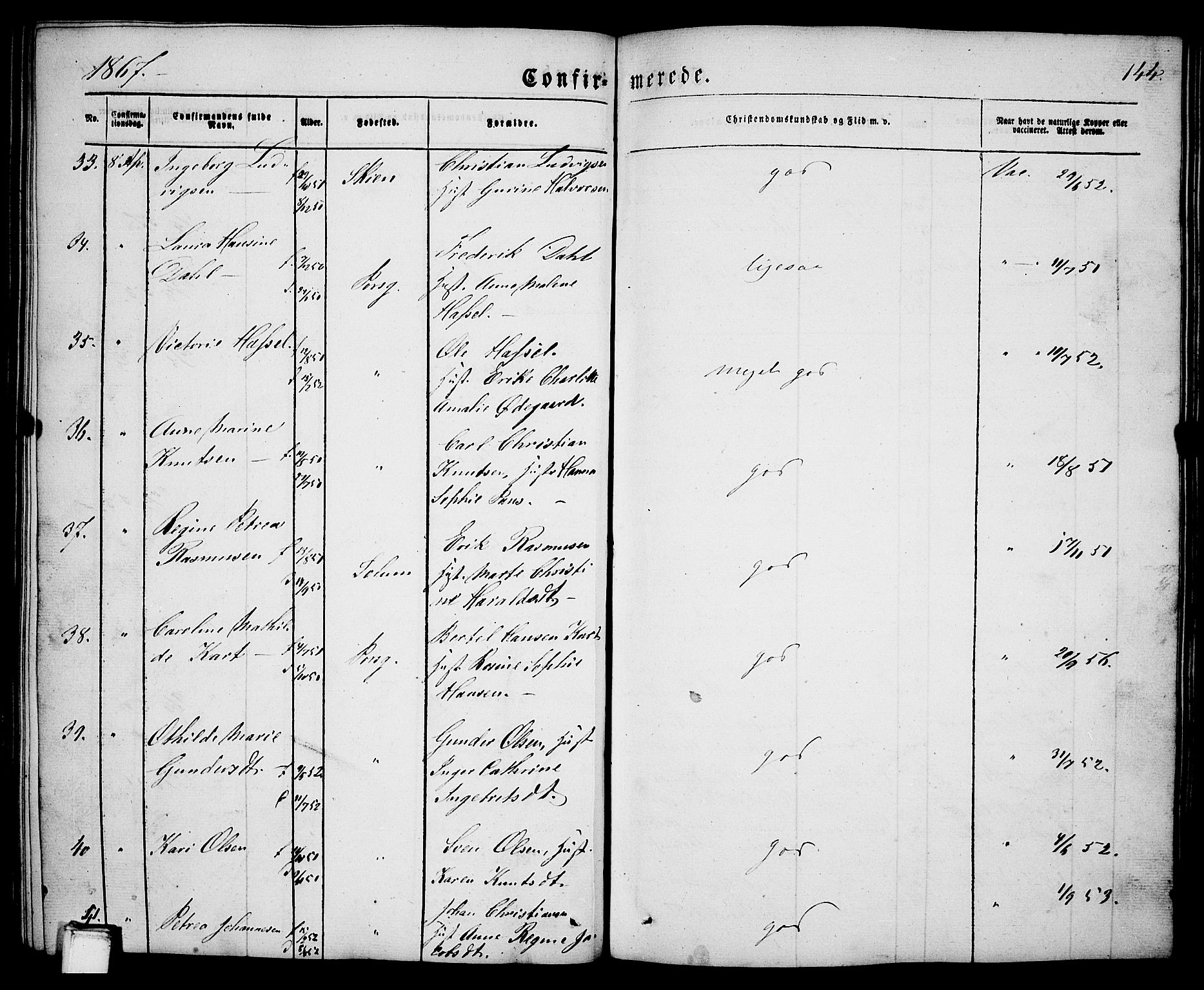 Porsgrunn kirkebøker , AV/SAKO-A-104/G/Ga/L0002: Parish register (copy) no. I 2, 1847-1877, p. 144