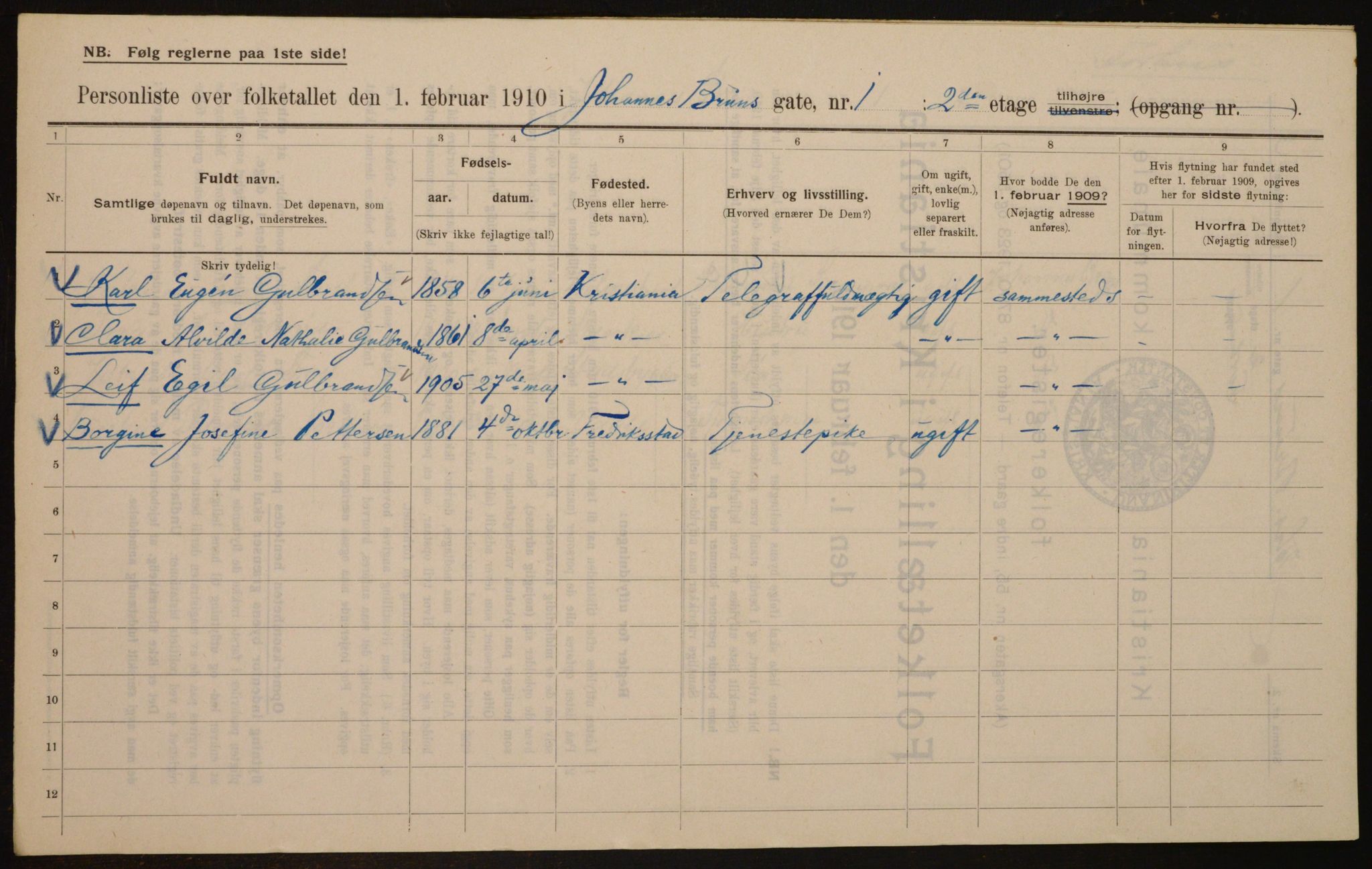 OBA, Municipal Census 1910 for Kristiania, 1910, p. 45698