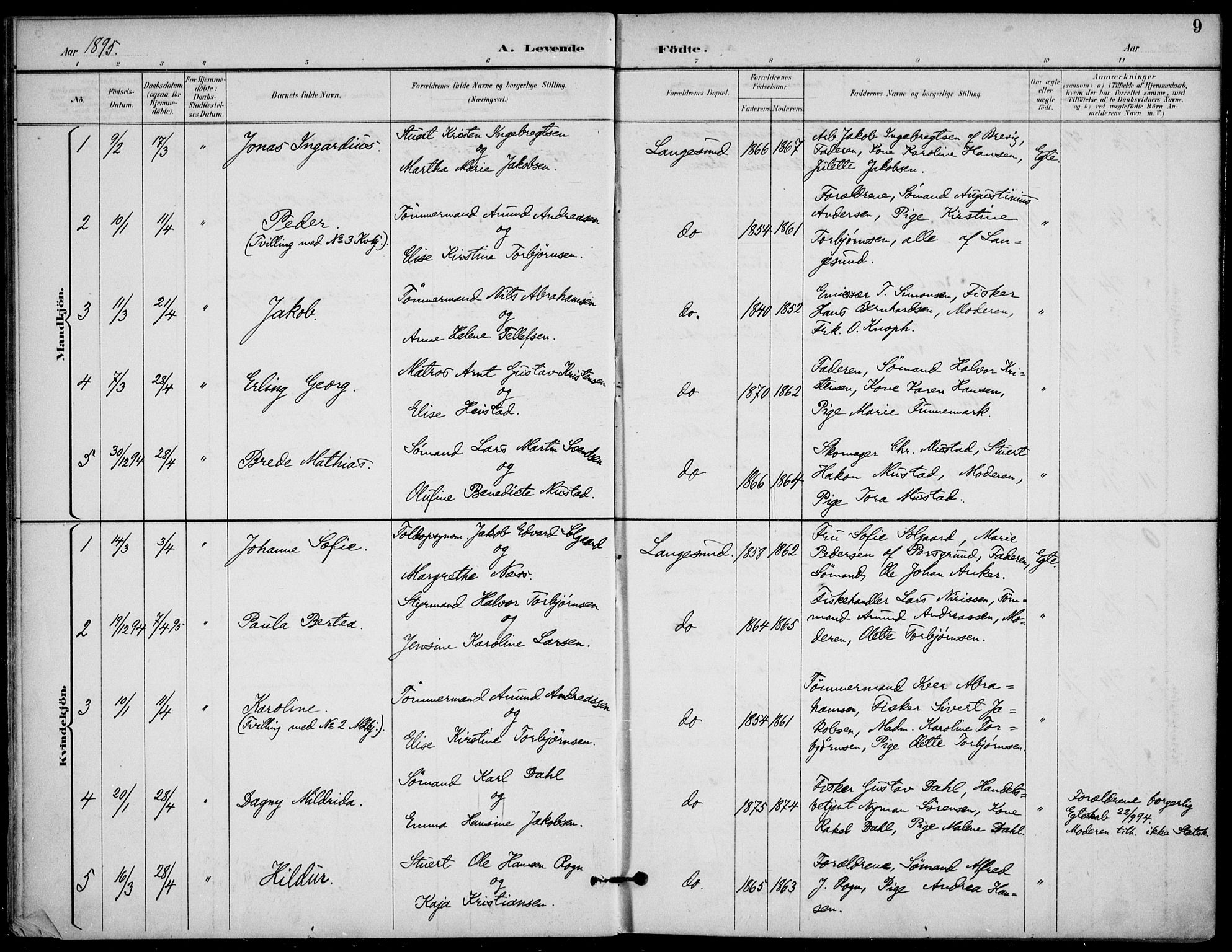 Langesund kirkebøker, SAKO/A-280/F/Fa/L0003: Parish register (official) no. 3, 1893-1907, p. 9